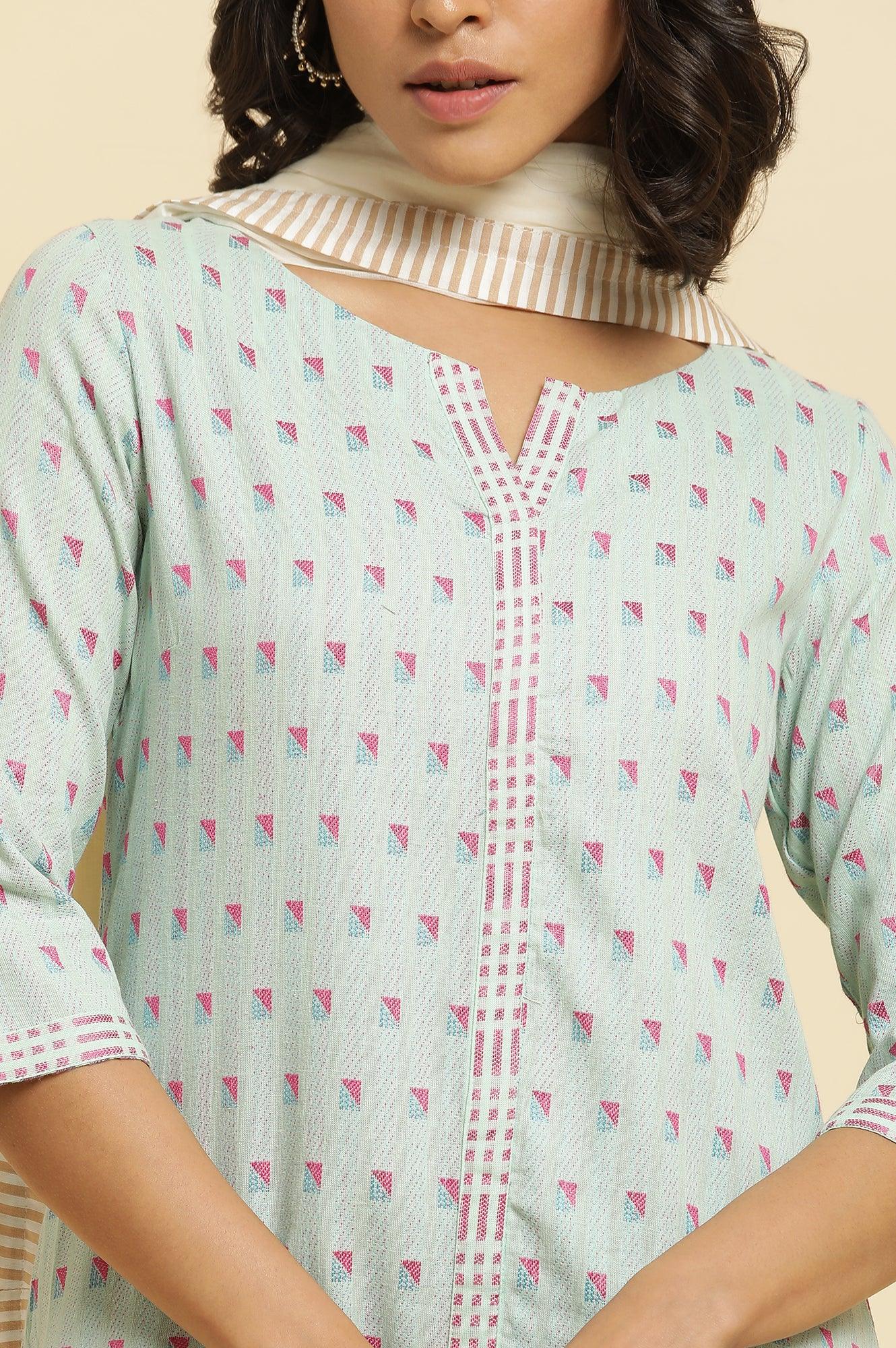 Light Blue Printed Kurta, Parallel Pants & Dupatta - wforwoman