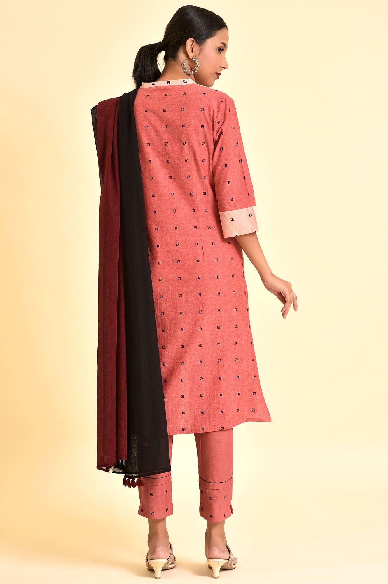 Light Red Chawal Taka Kurta, Pants And Dupatta - wforwoman