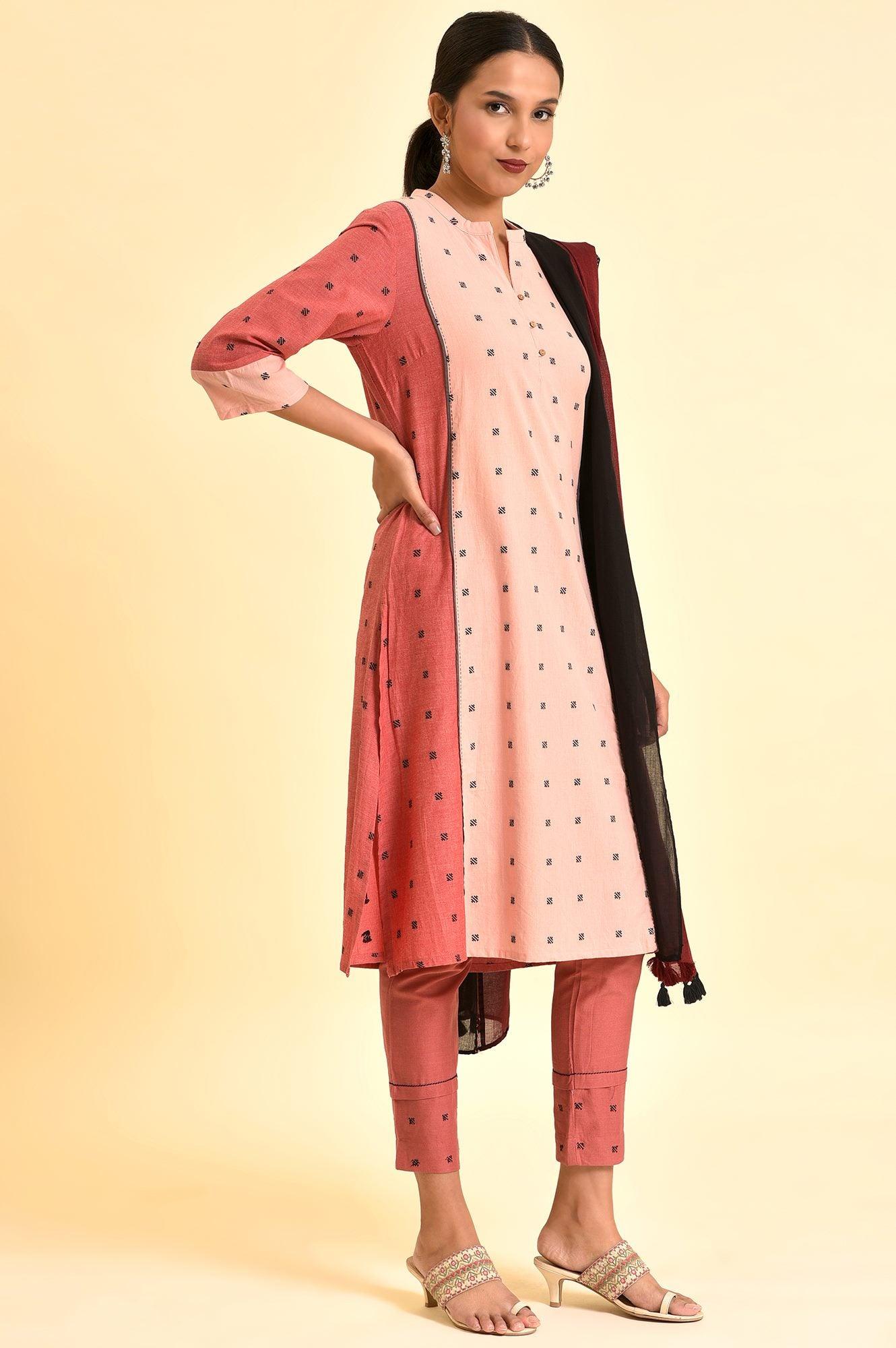 Light Red Chawal Taka Kurta, Pants And Dupatta - wforwoman