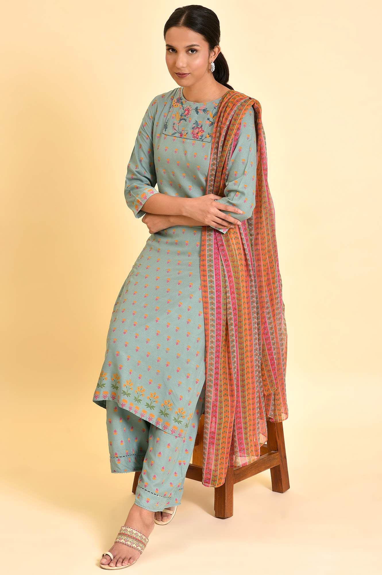 Blue Embroidered Kurta, Parallel Pants & Dupatta Set