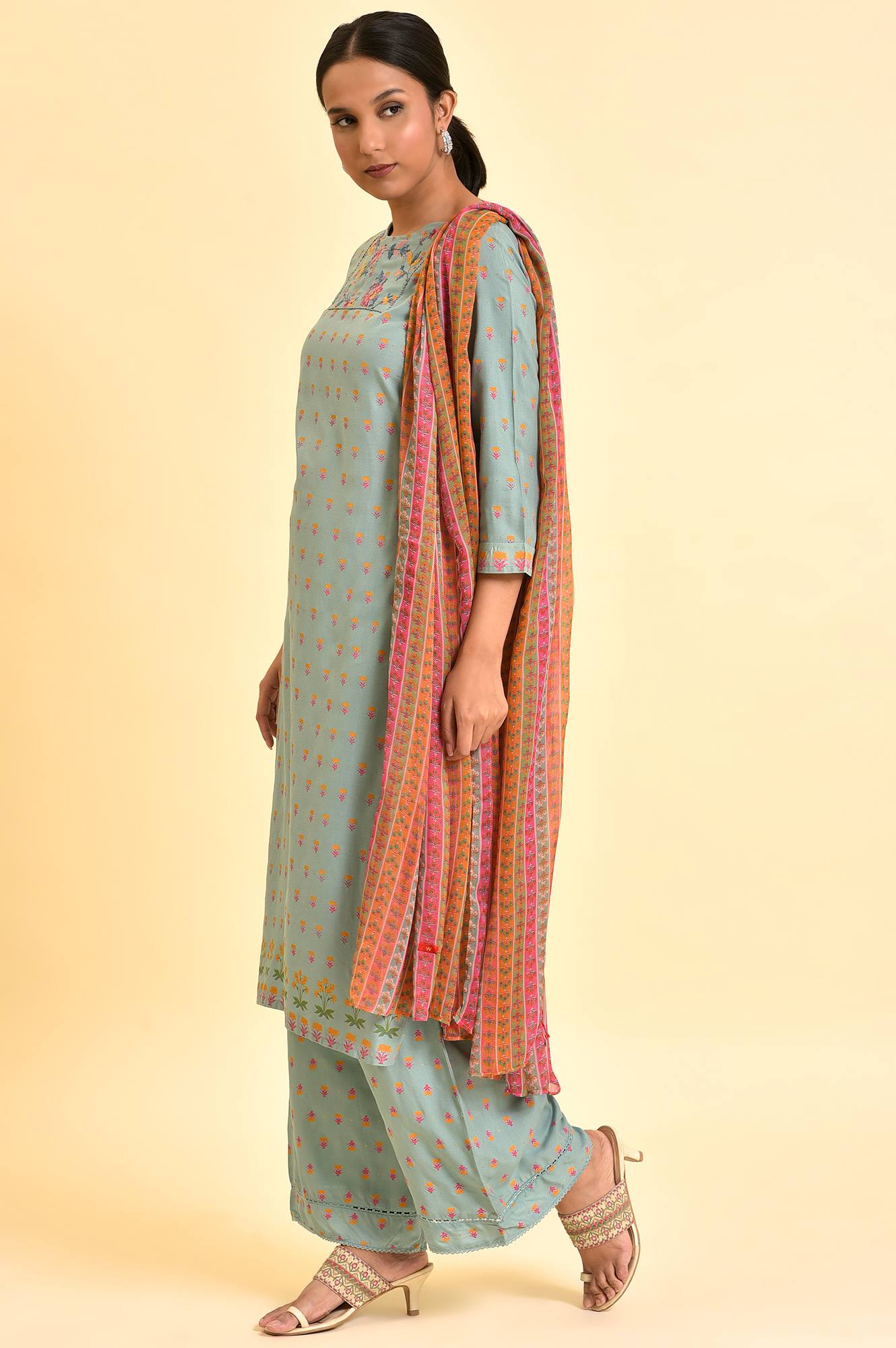 Blue Embroidered Kurta, Parallel Pants & Dupatta Set