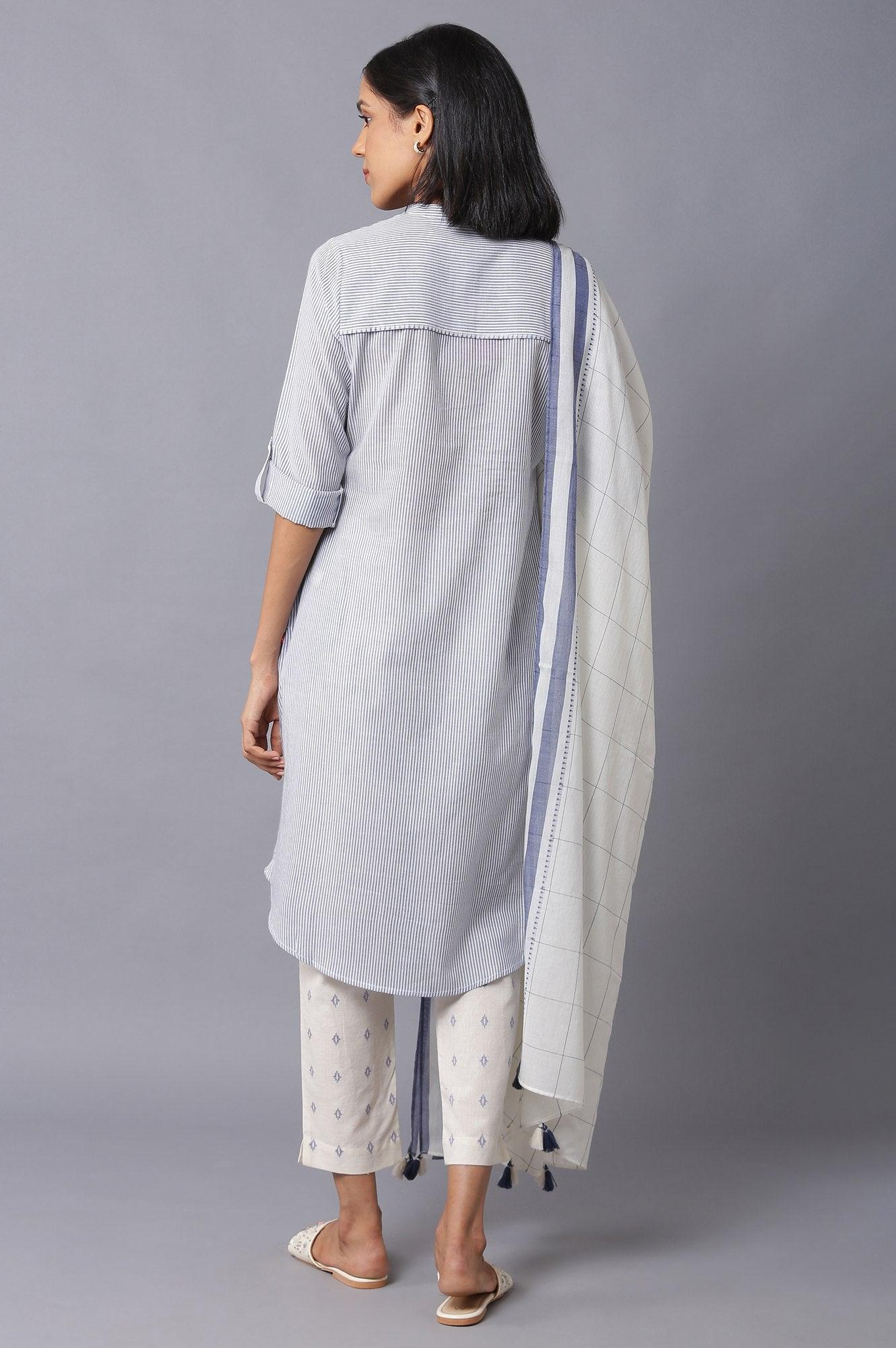Dark Chambray Blue, Ecru Stripe Slim Pants And Dupatta Set - wforwoman