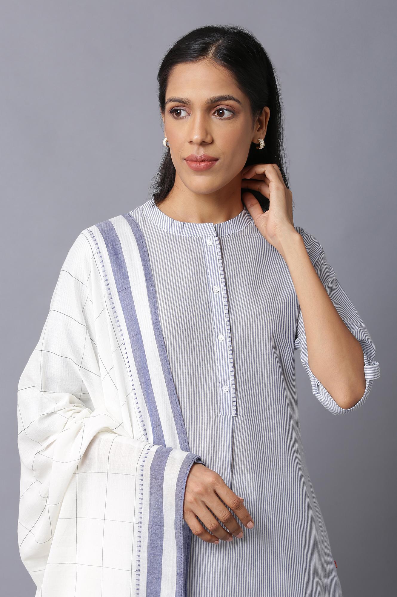 Dark Chambray Blue, Ecru Stripe Slim Pants And Dupatta Set - wforwoman