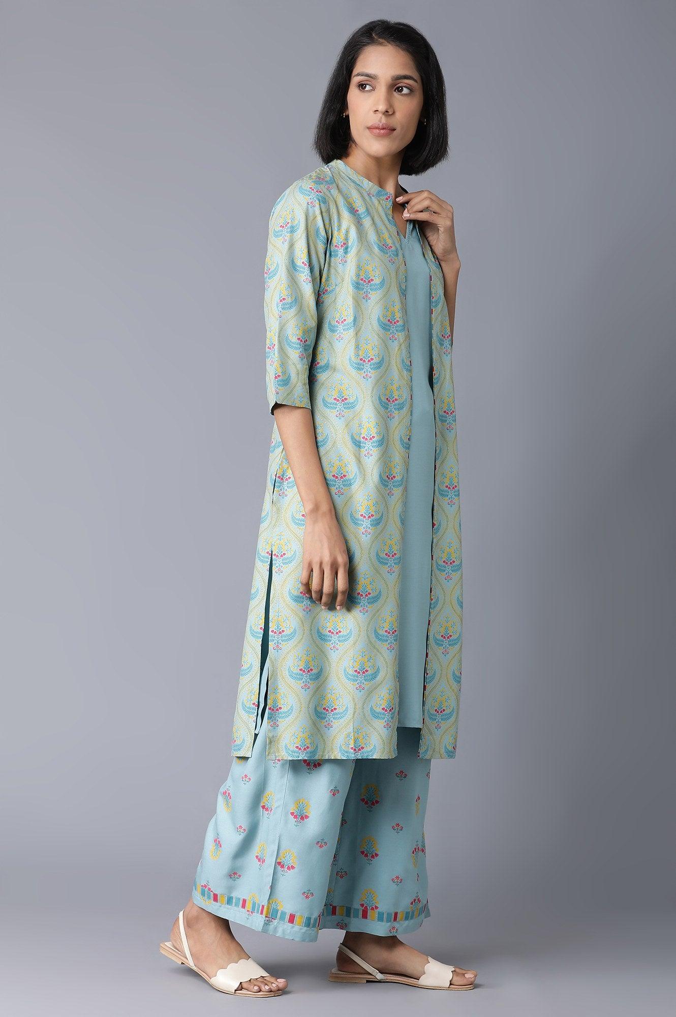 Blue Sleeveless kurta, Jacket and Parallel Pants Set - wforwoman