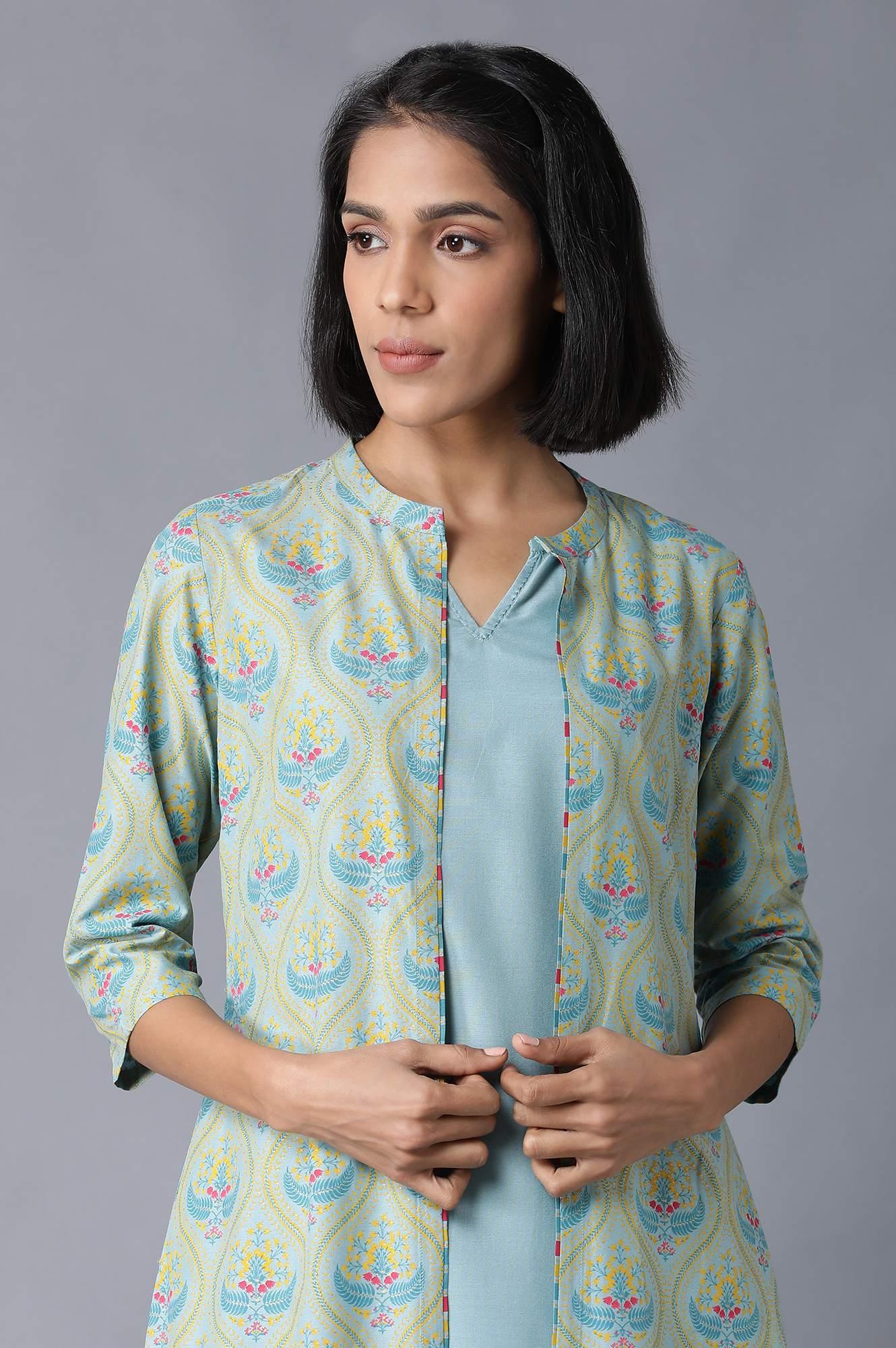 Blue Sleeveless kurta, Jacket and Parallel Pants Set - wforwoman