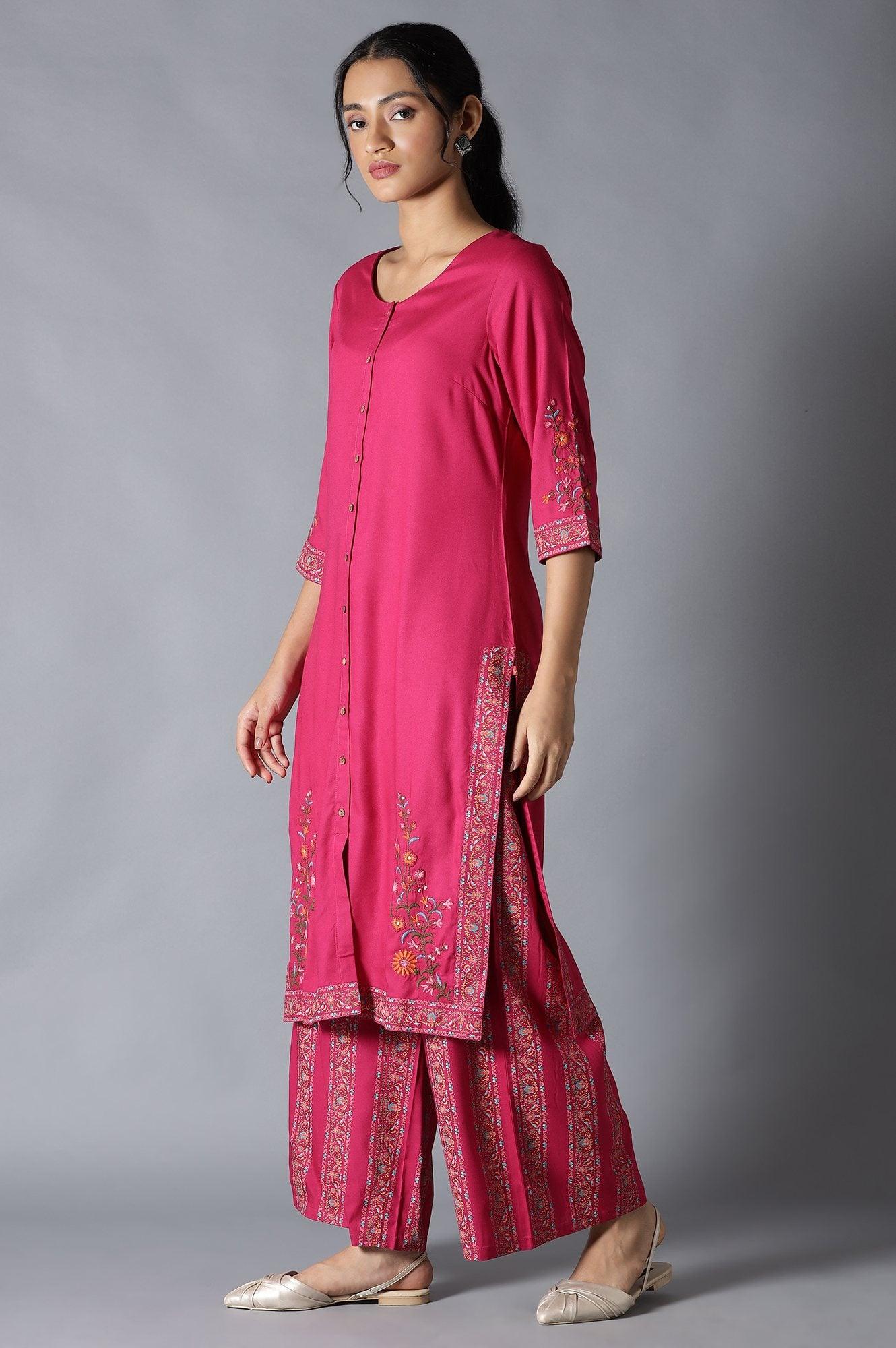 Fuchsia Pink Embroidered kurta And Parallel Pants Set - wforwoman