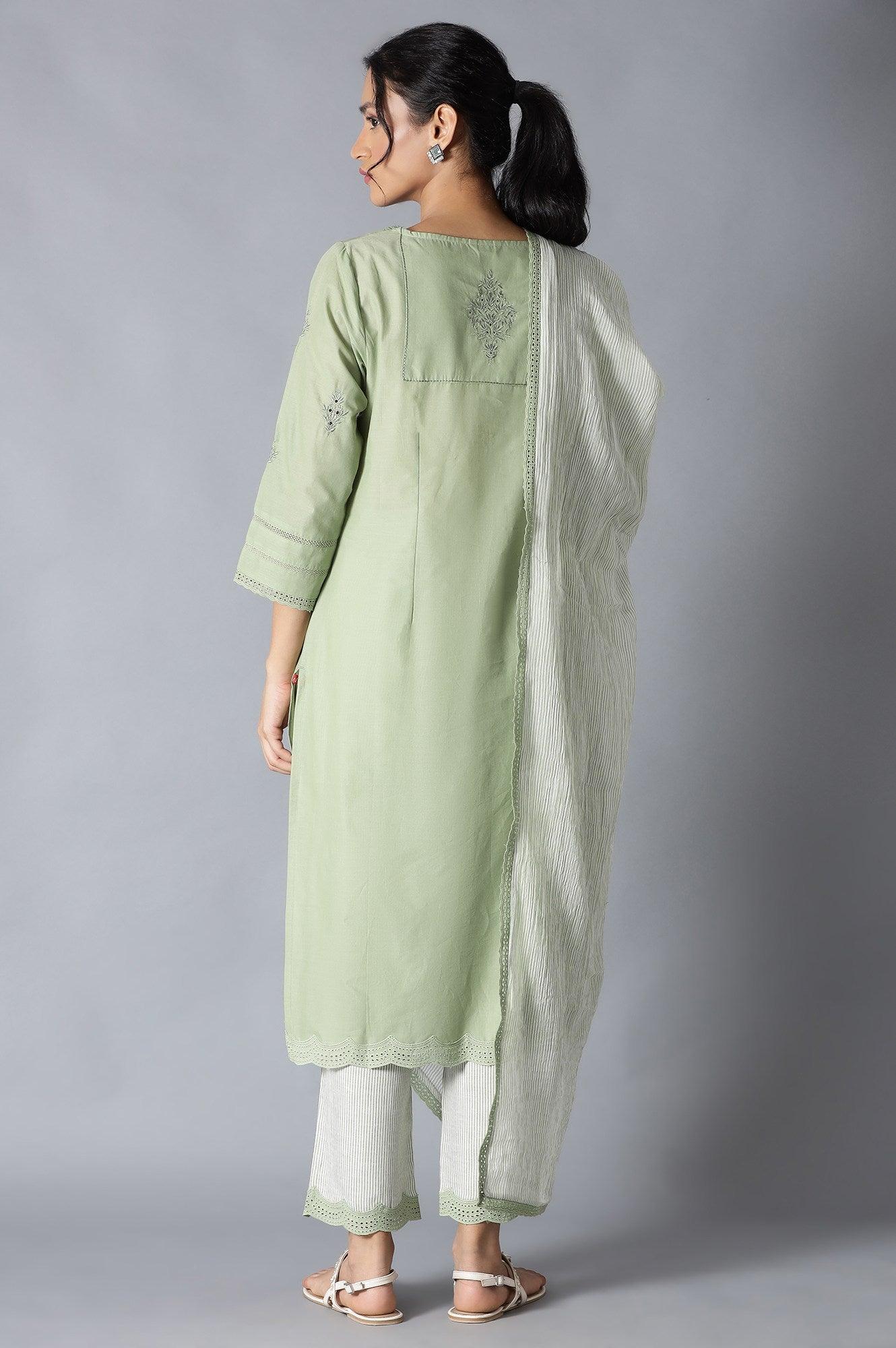 Sage Green kurta, Ecru Pants And Dupatta Set - wforwoman