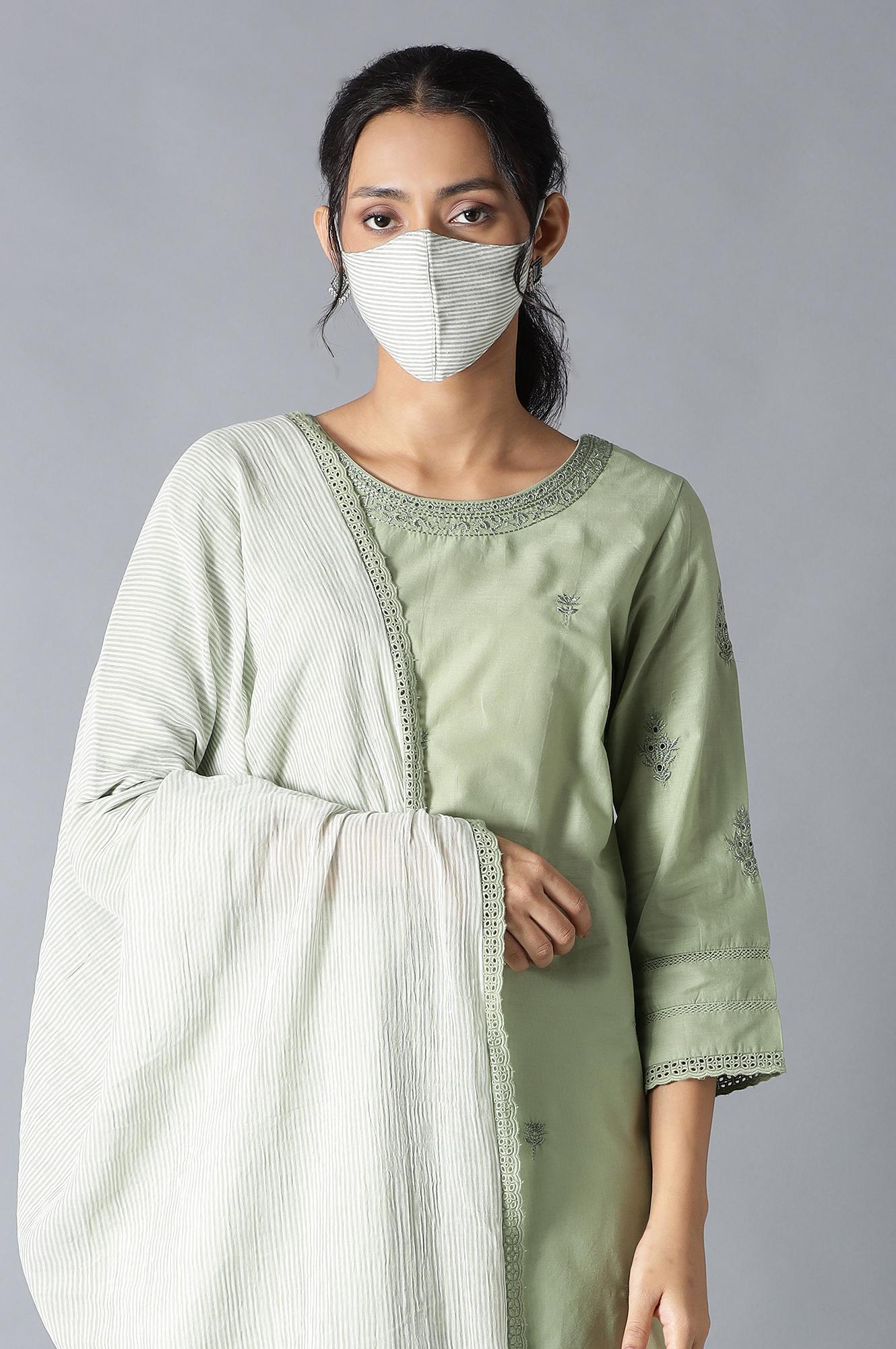 Sage Green kurta, Ecru Pants And Dupatta Set - wforwoman