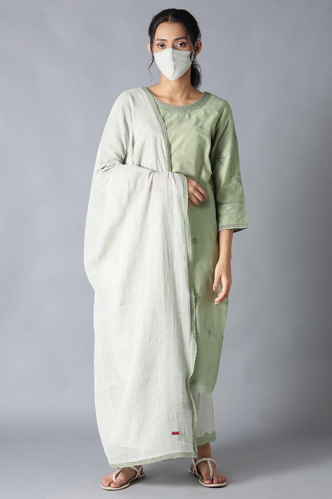 Sage Green kurta, Ecru Pants And Dupatta Set - wforwoman