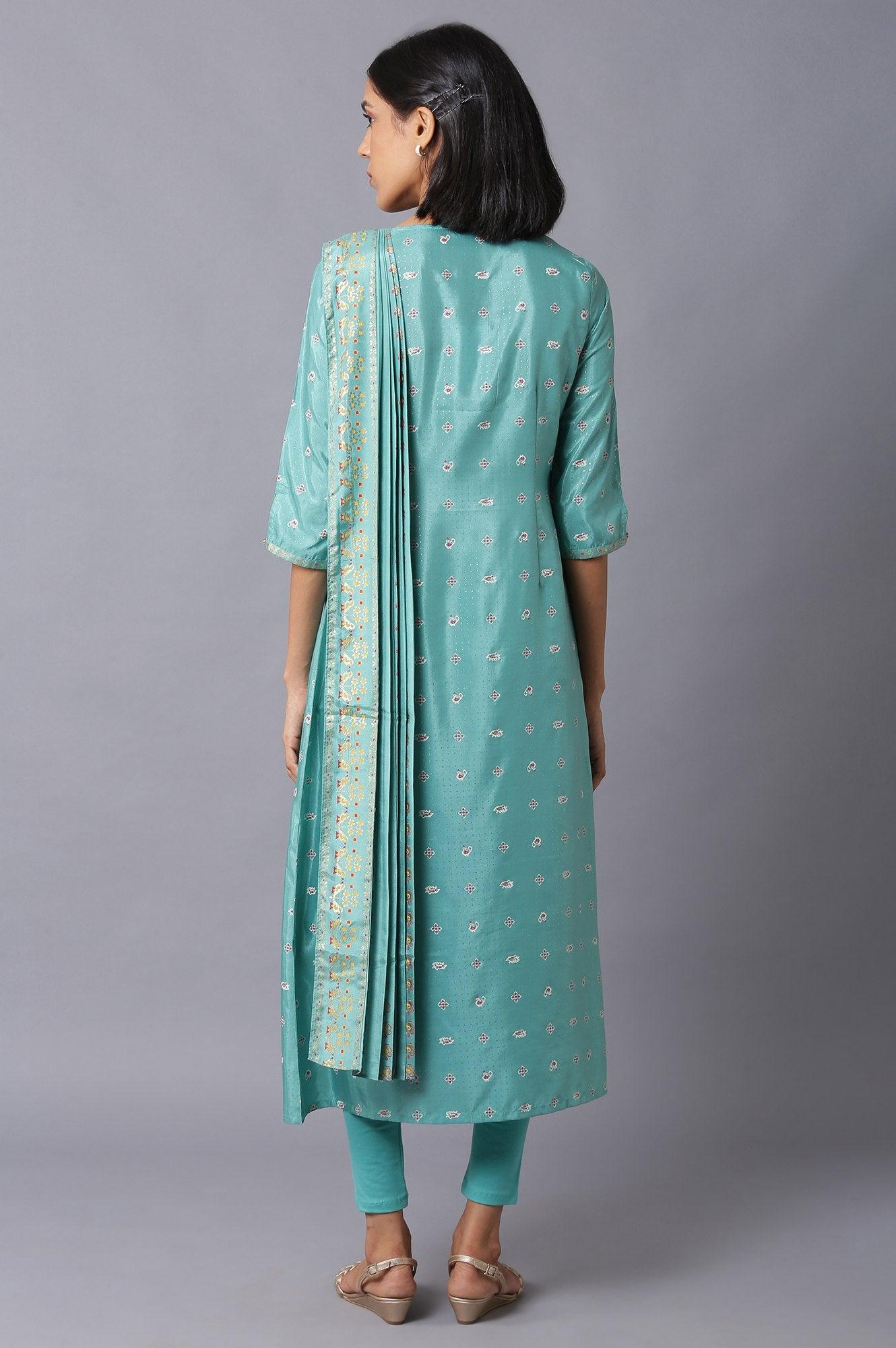 Green Printed Draped A-Line kurta With Tights - wforwoman