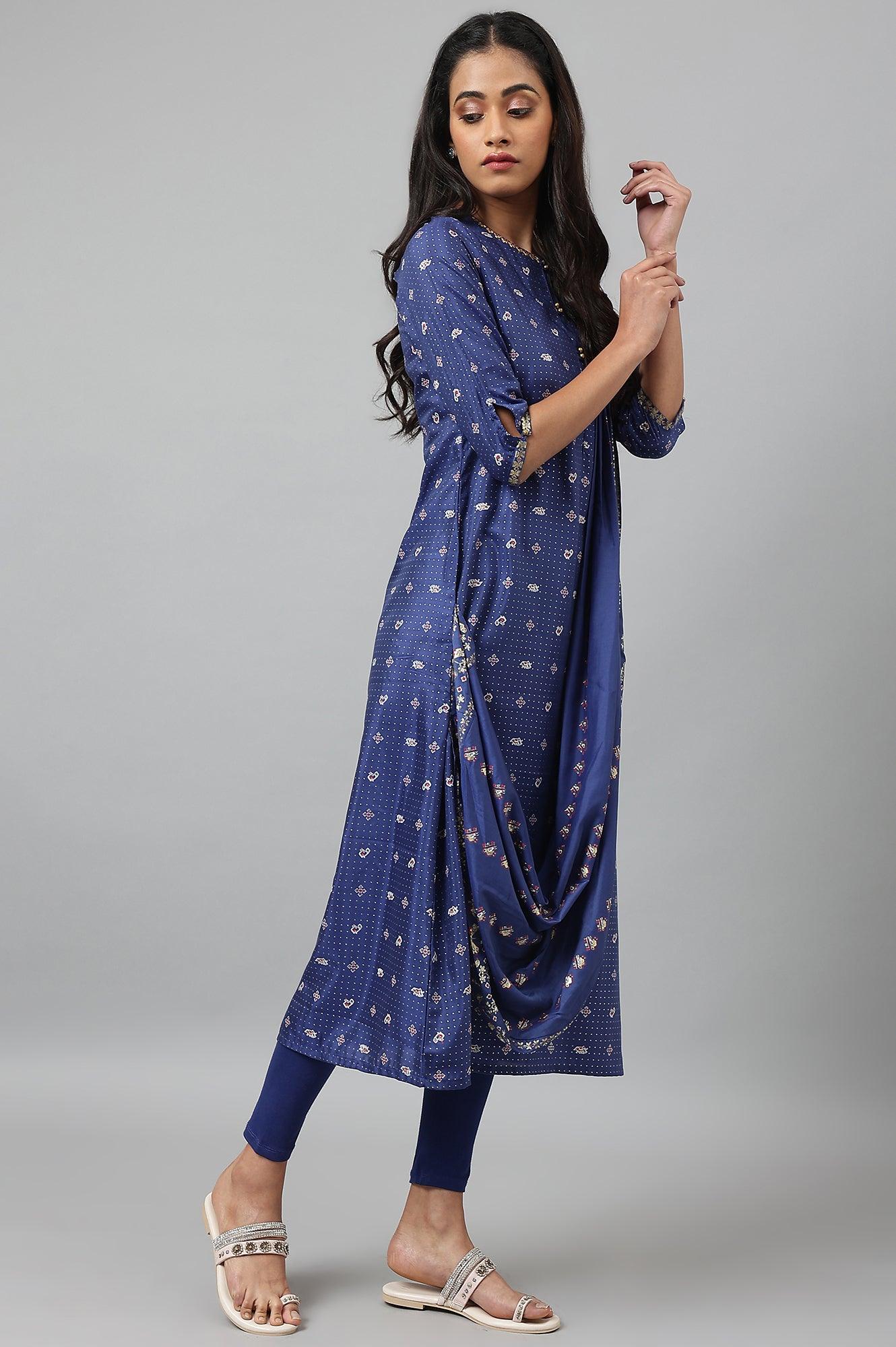 Navy Blue Printed Draped A-Line kurta With Tights - wforwoman