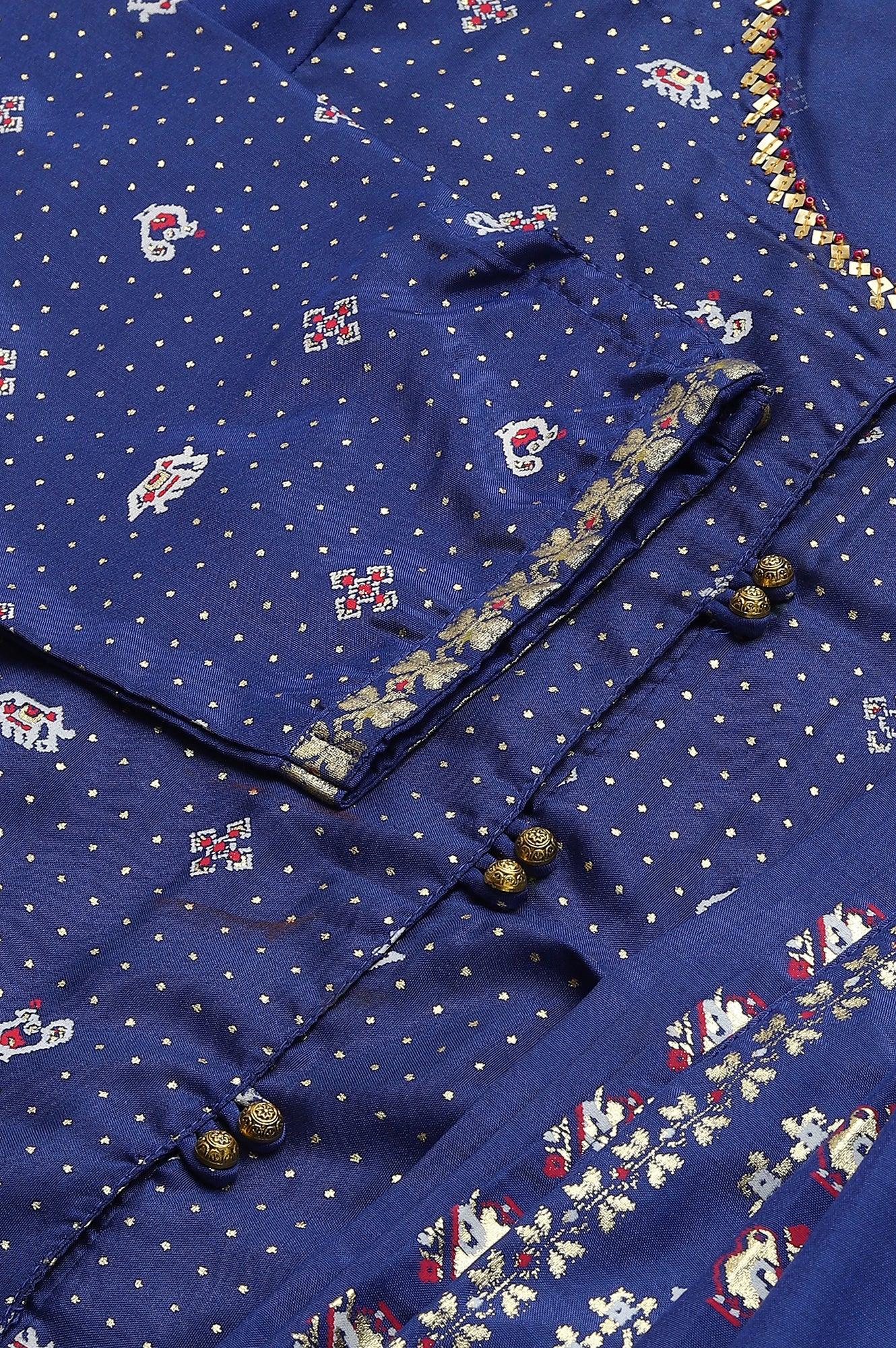 Navy Blue Printed Draped A-Line kurta With Tights - wforwoman