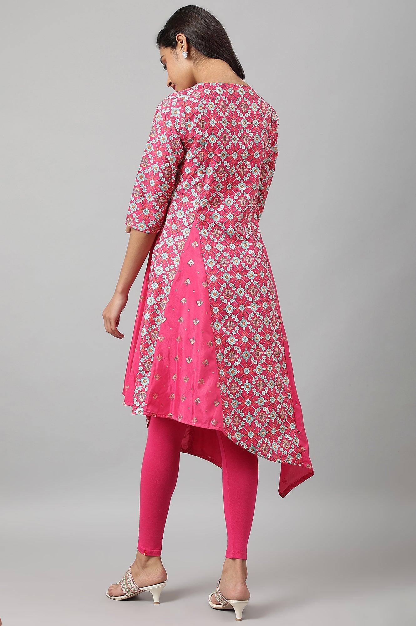 Dark Pink Asymmetrical Hemline kurta With Tights - wforwoman