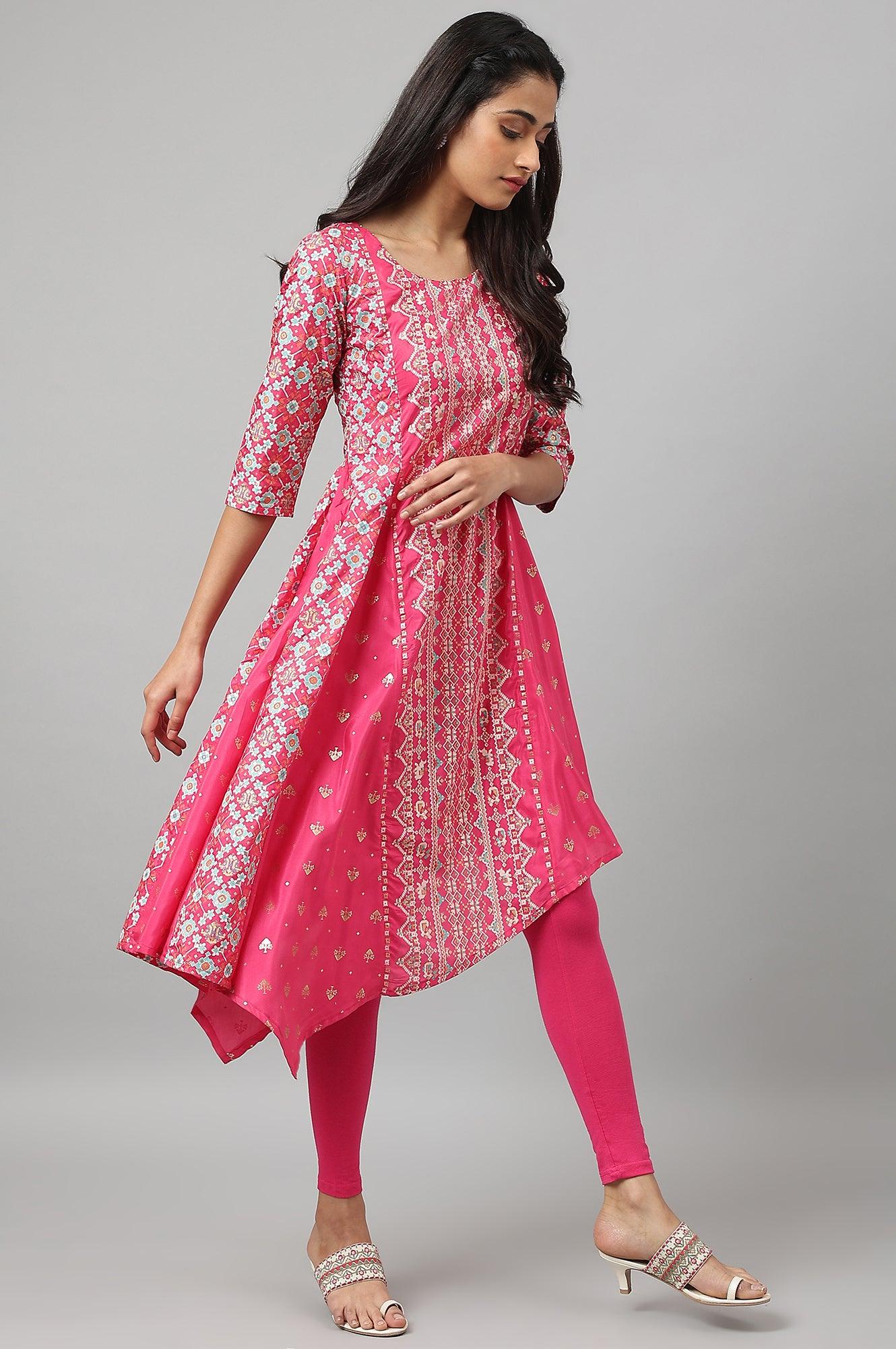 Dark Pink Asymmetrical Hemline kurta With Tights - wforwoman