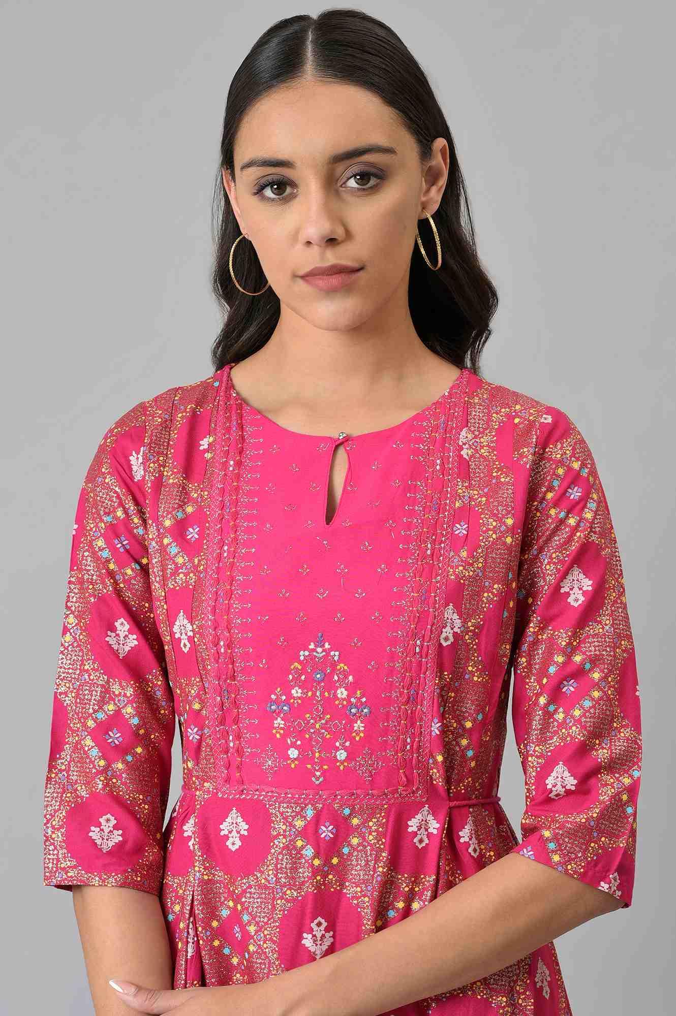 Dark Pink Printed Round Neck kurta With Tights - wforwoman