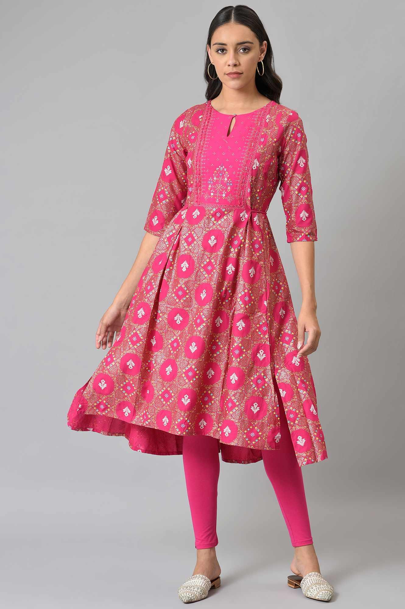 Dark Pink Printed Round Neck kurta With Tights - wforwoman