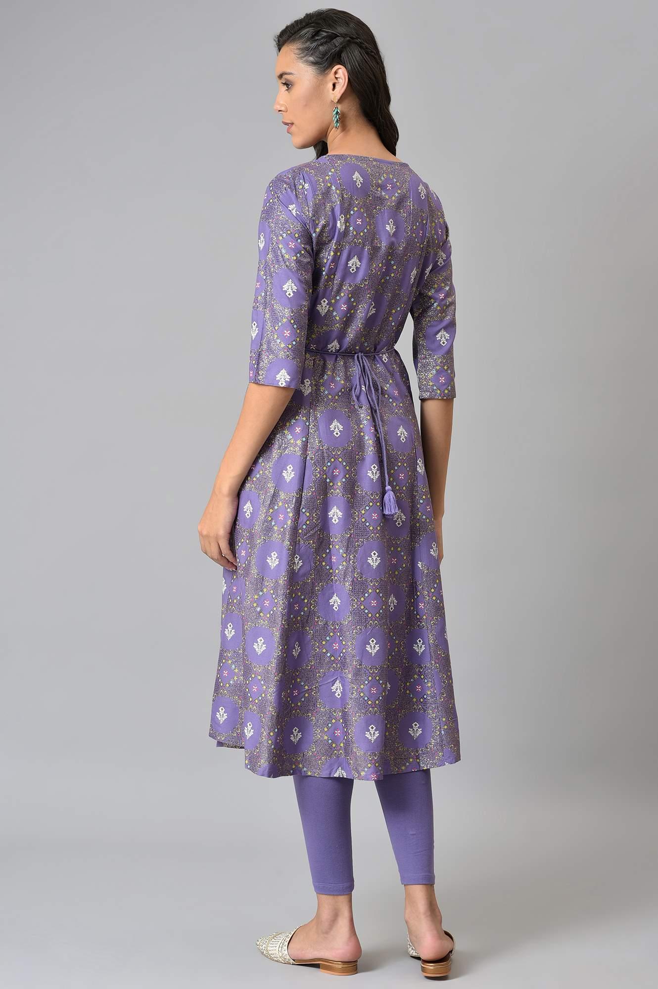 Purple Printed Round Neck kurta With Tights - wforwoman