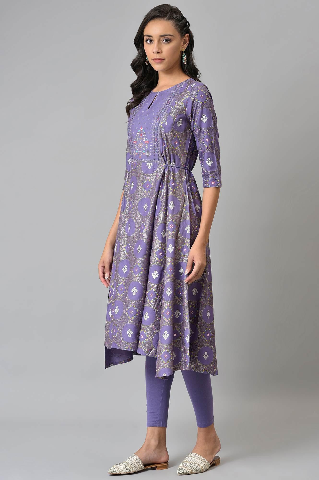 Purple Printed Round Neck kurta With Tights - wforwoman