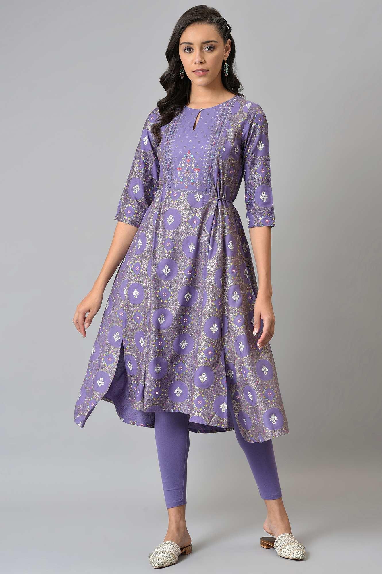 Purple Printed Round Neck kurta With Tights - wforwoman