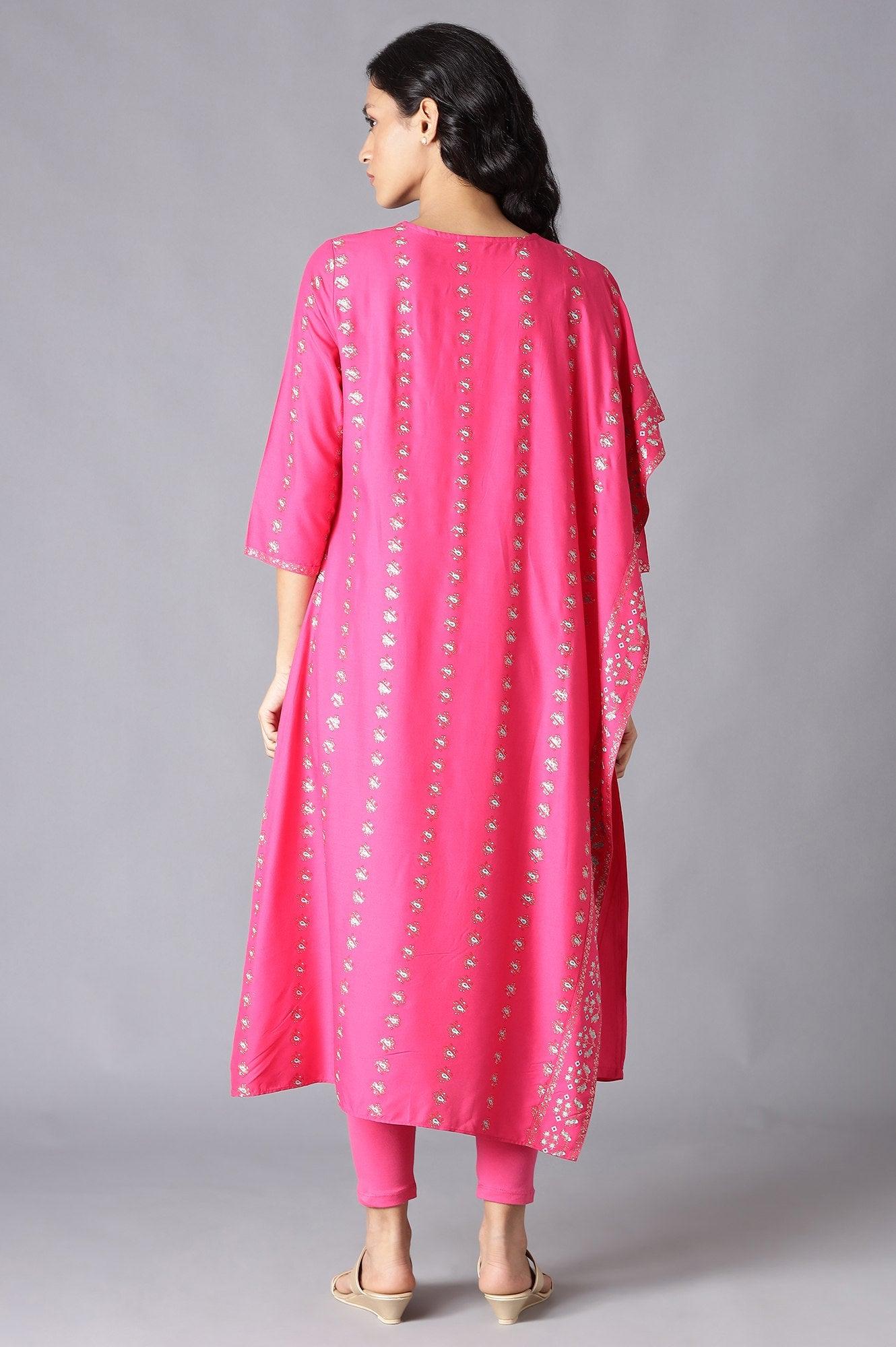 Dark Pink Saree Style kurta With Tights - wforwoman