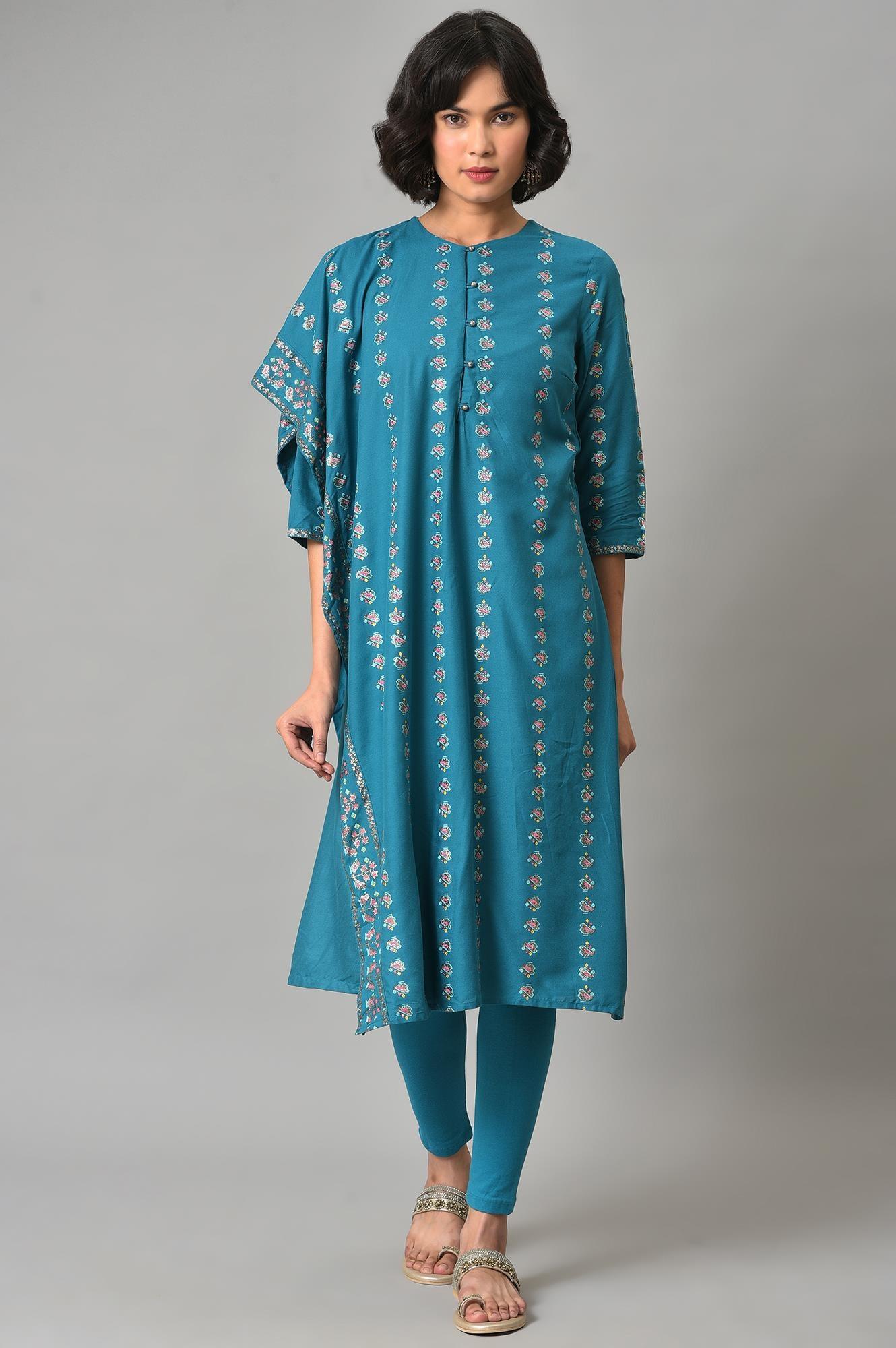 Teal Blue Saree Style kurta With Tights - wforwoman