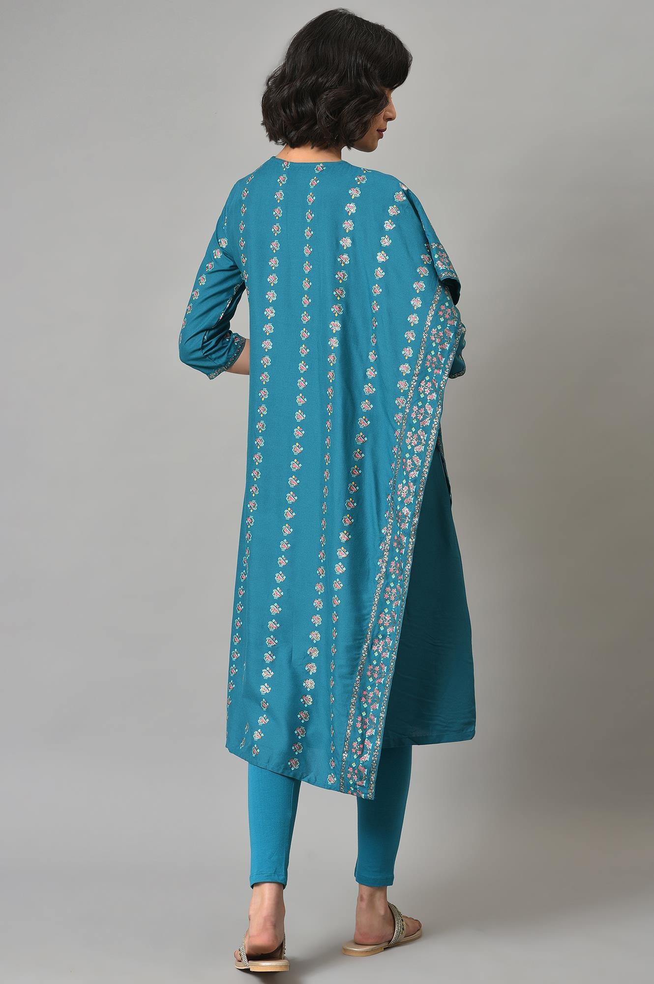 Teal Blue Saree Style kurta With Tights - wforwoman