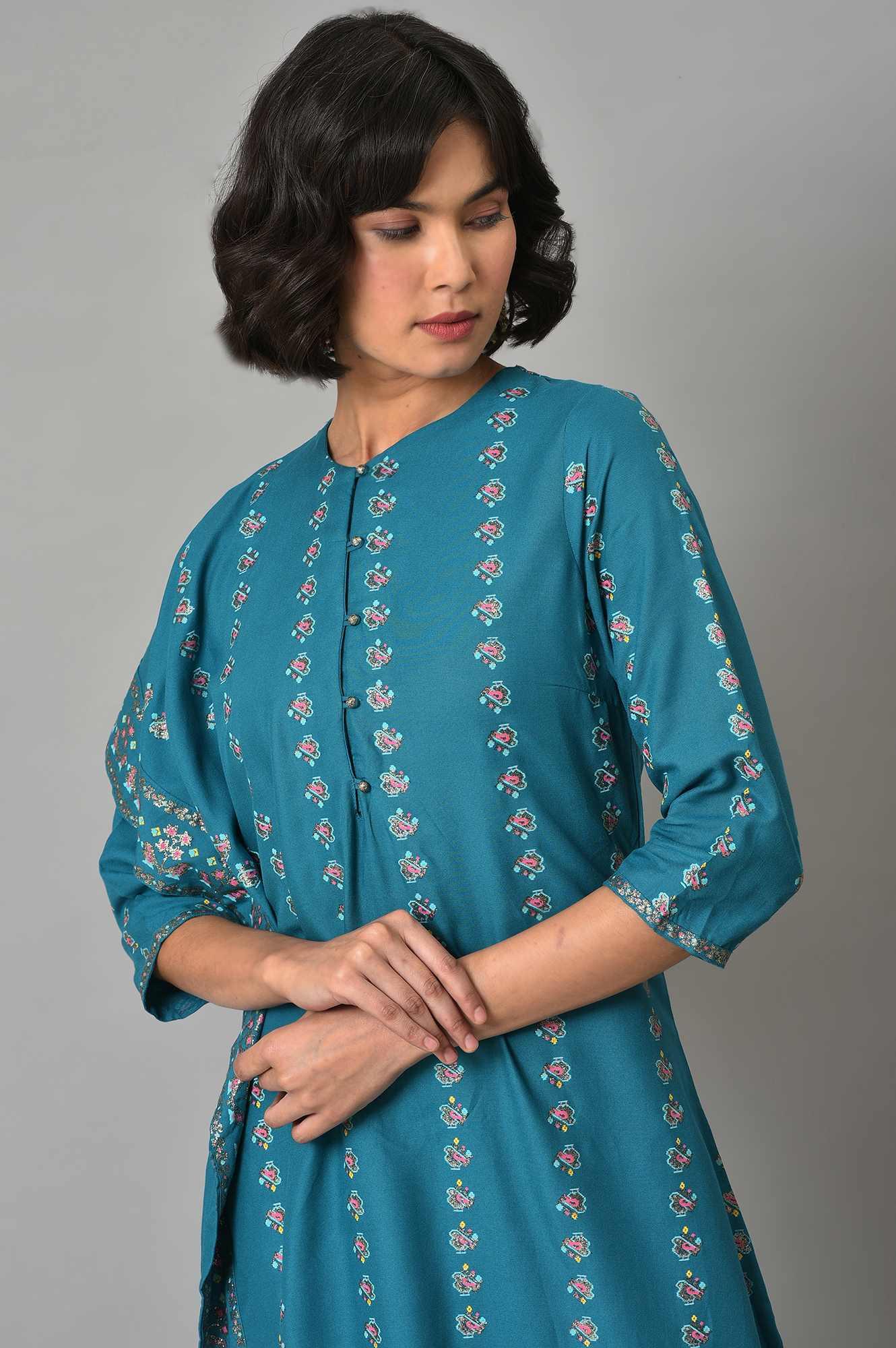Teal Blue Saree Style kurta With Tights - wforwoman