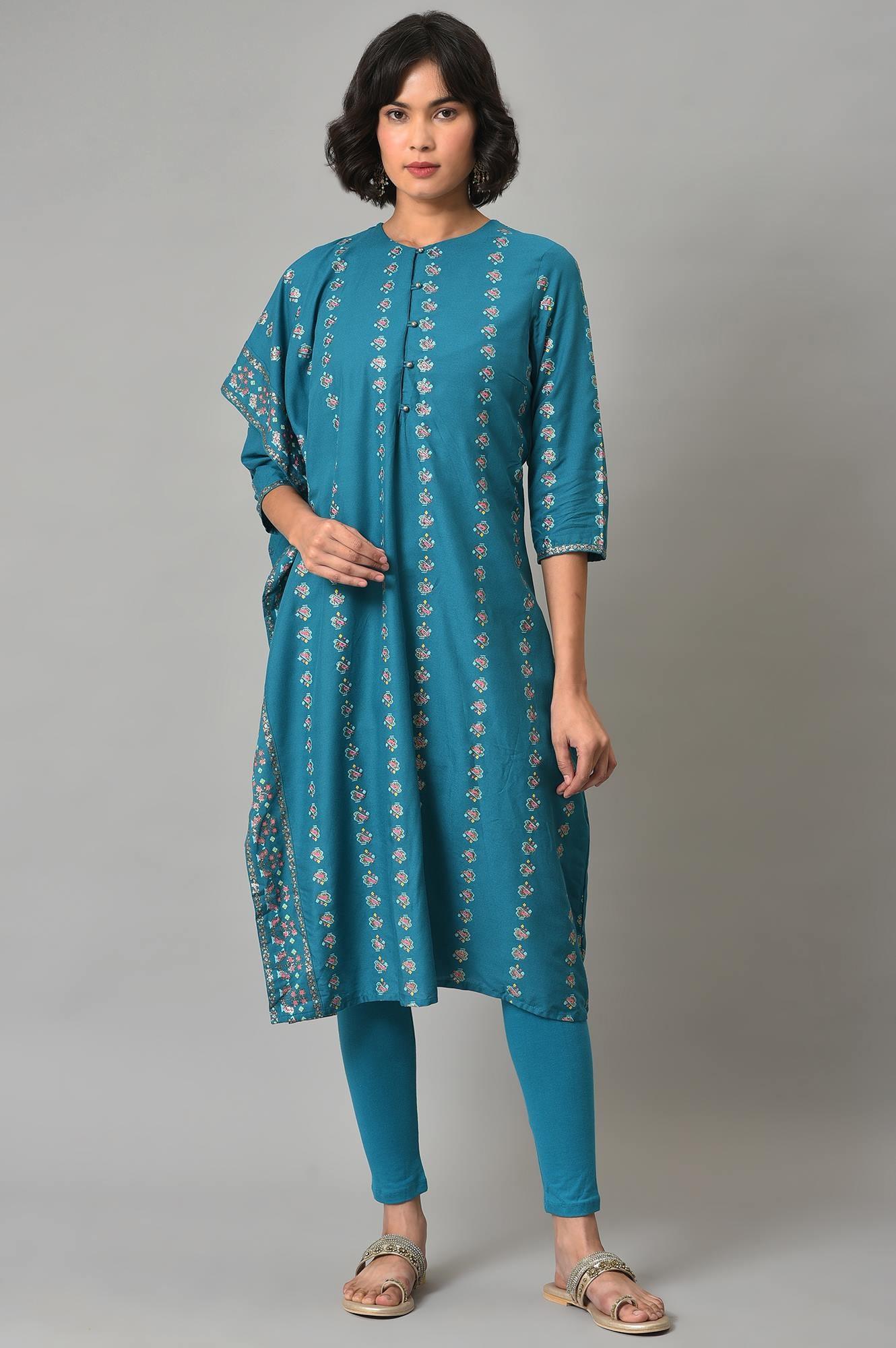 Teal Blue Saree Style kurta With Tights - wforwoman