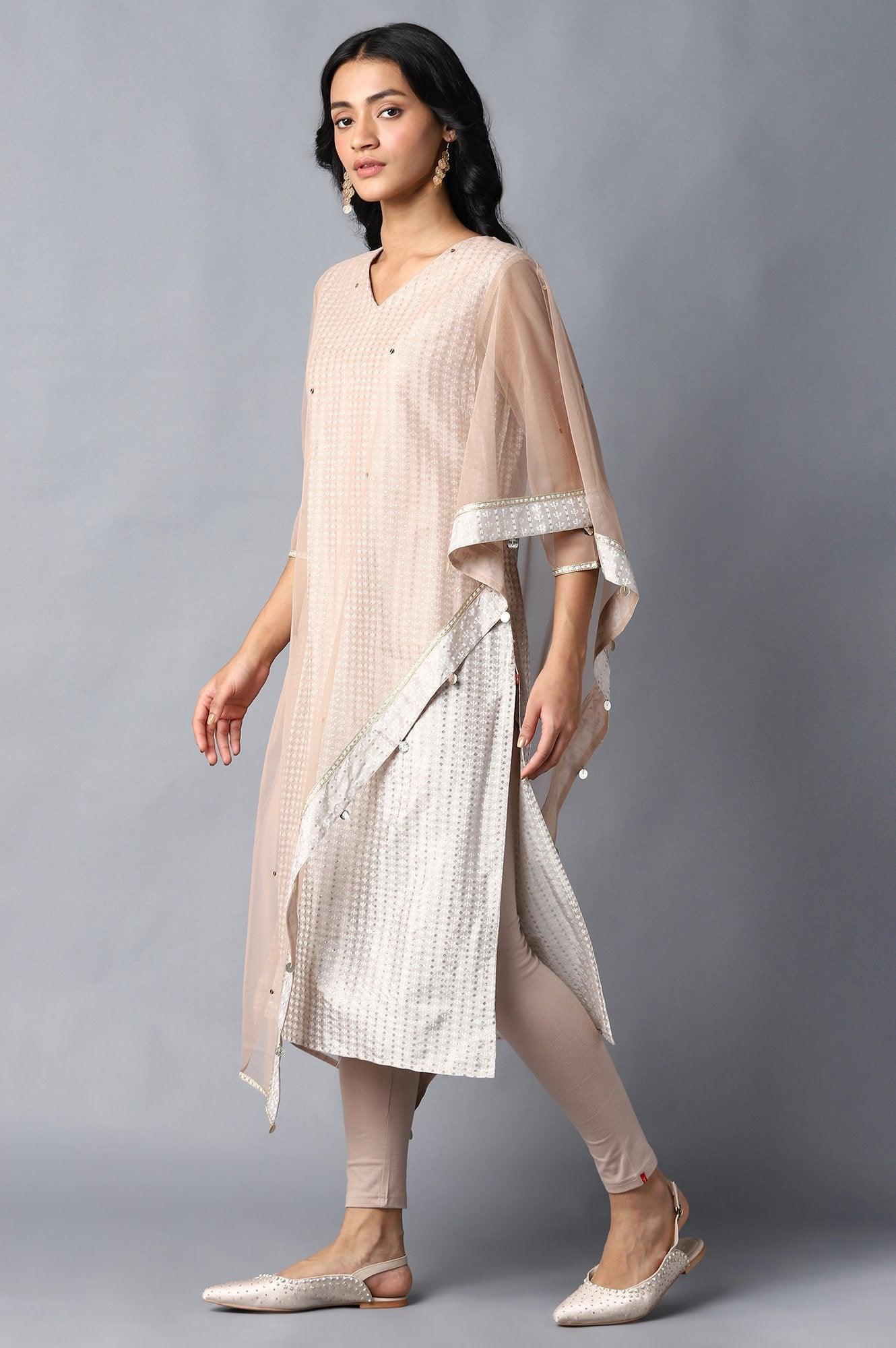 Light Grey Gotta Patti Saree kurta With Tights - wforwoman