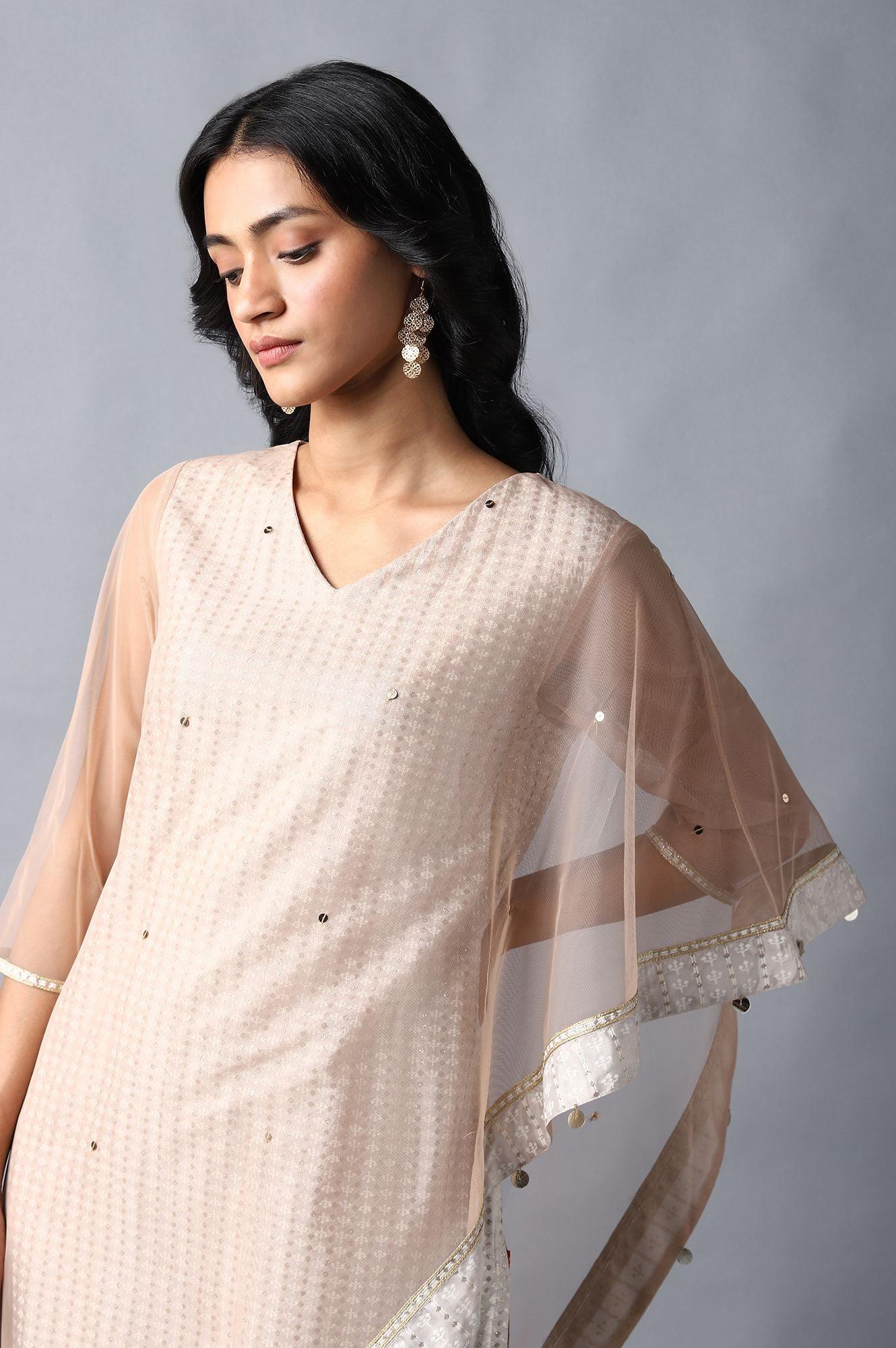Light Grey Gotta Patti Saree kurta With Tights - wforwoman