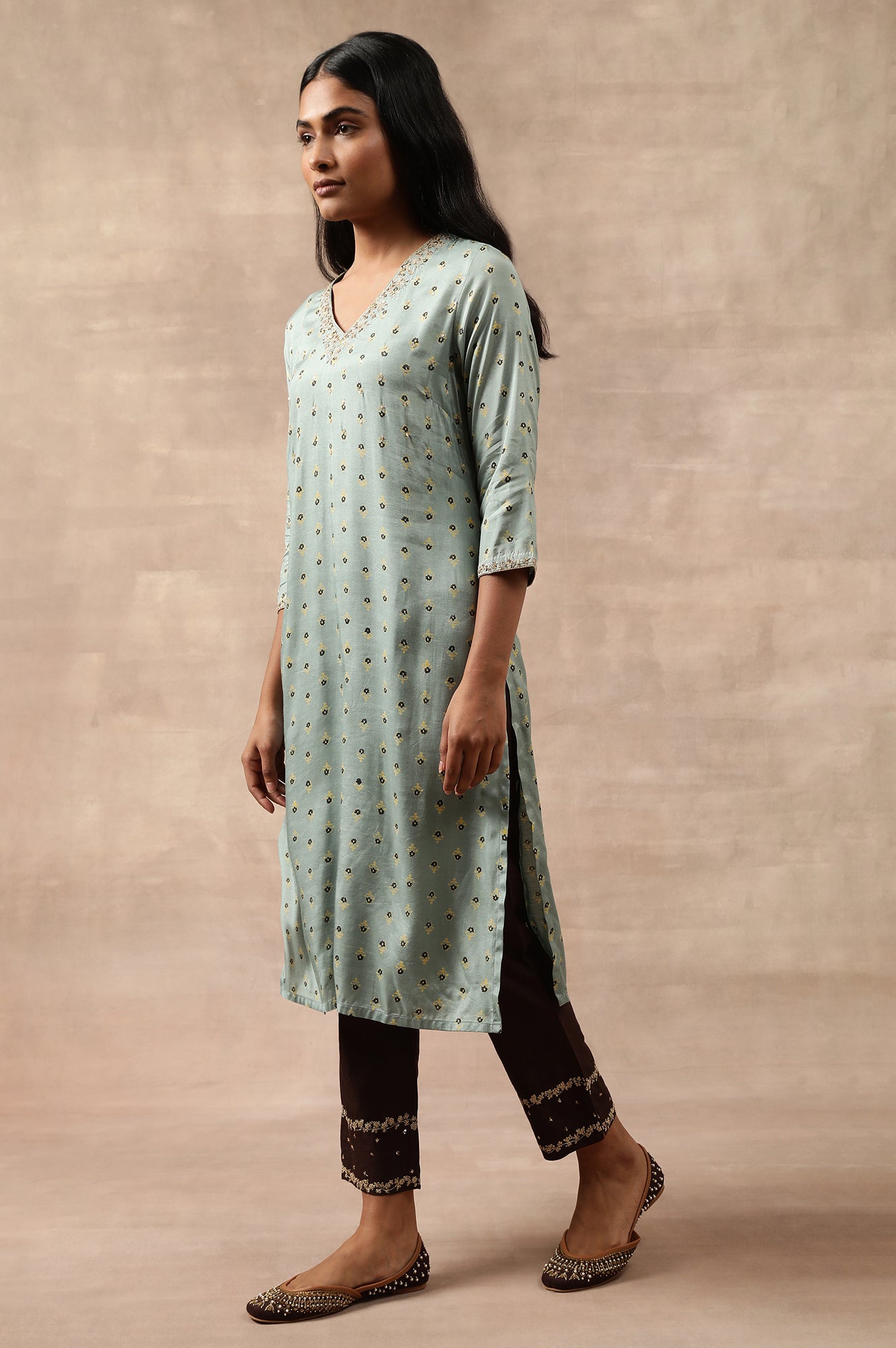 Teal Hand Block Print V-Neck kurta