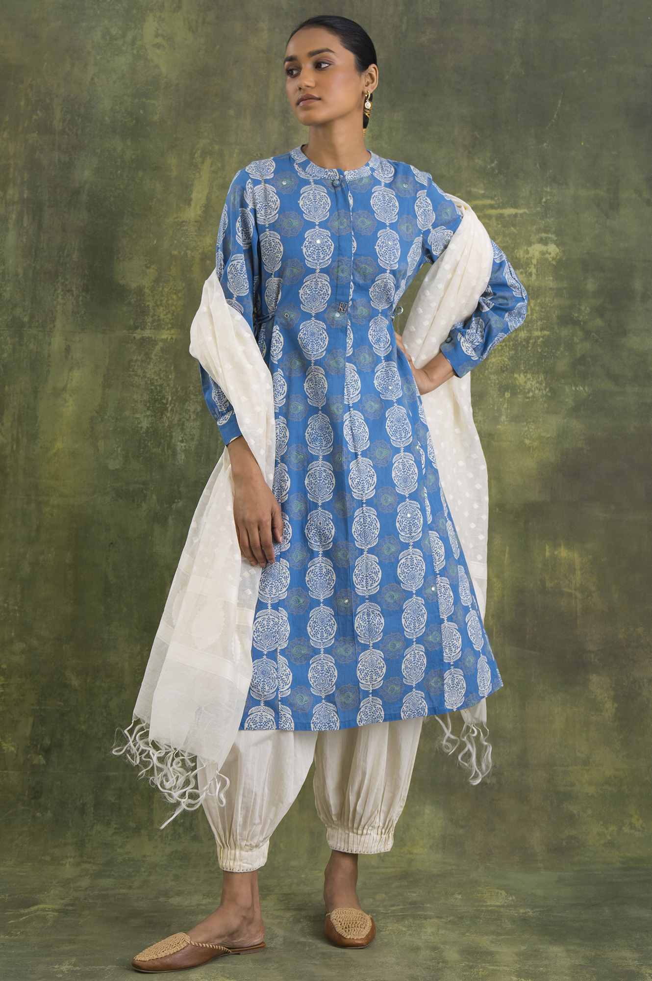 Blue Block Printed Flared kurta