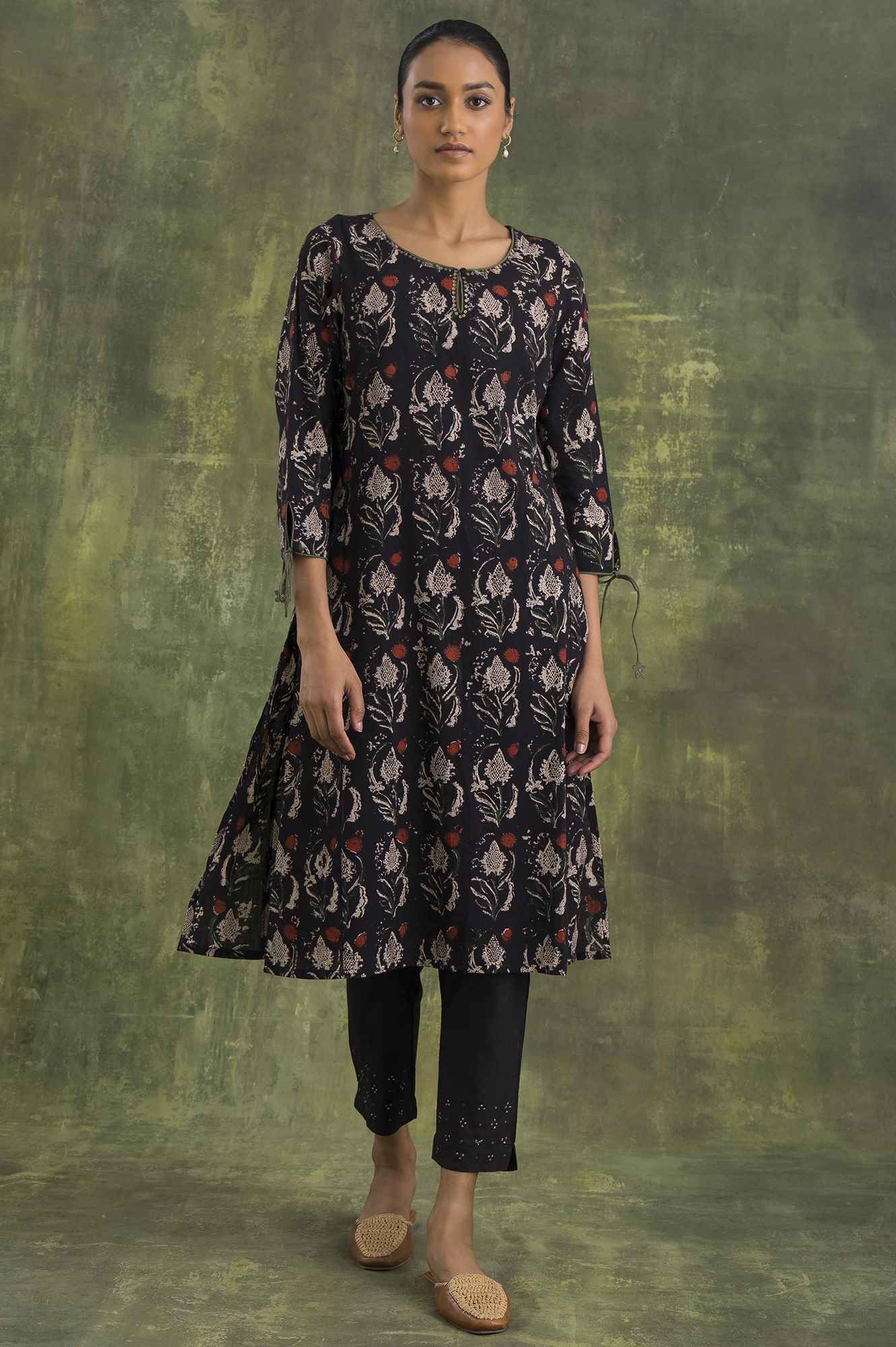 Dark Brown Hand Block Print Slub kurta