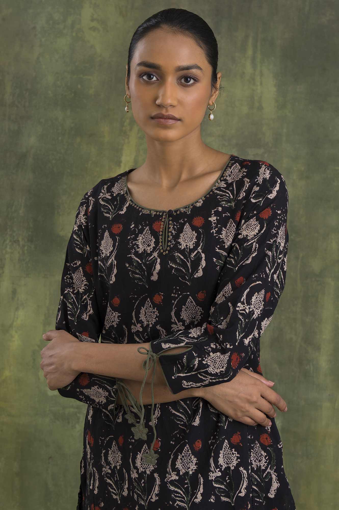 Dark Brown Hand Block Print Slub kurta