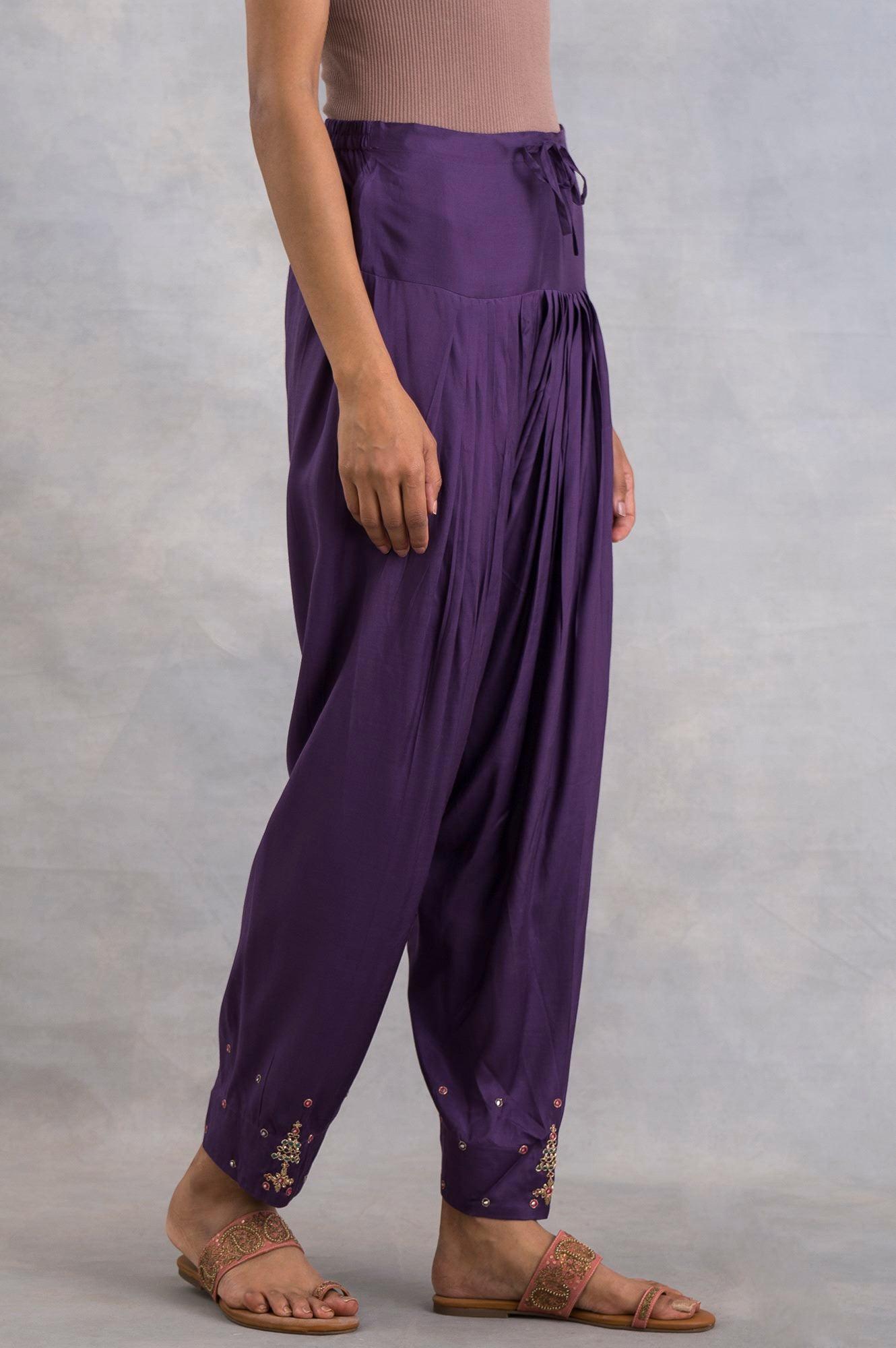 Purple Solid Salwar Pants With Embroidery - wforwoman