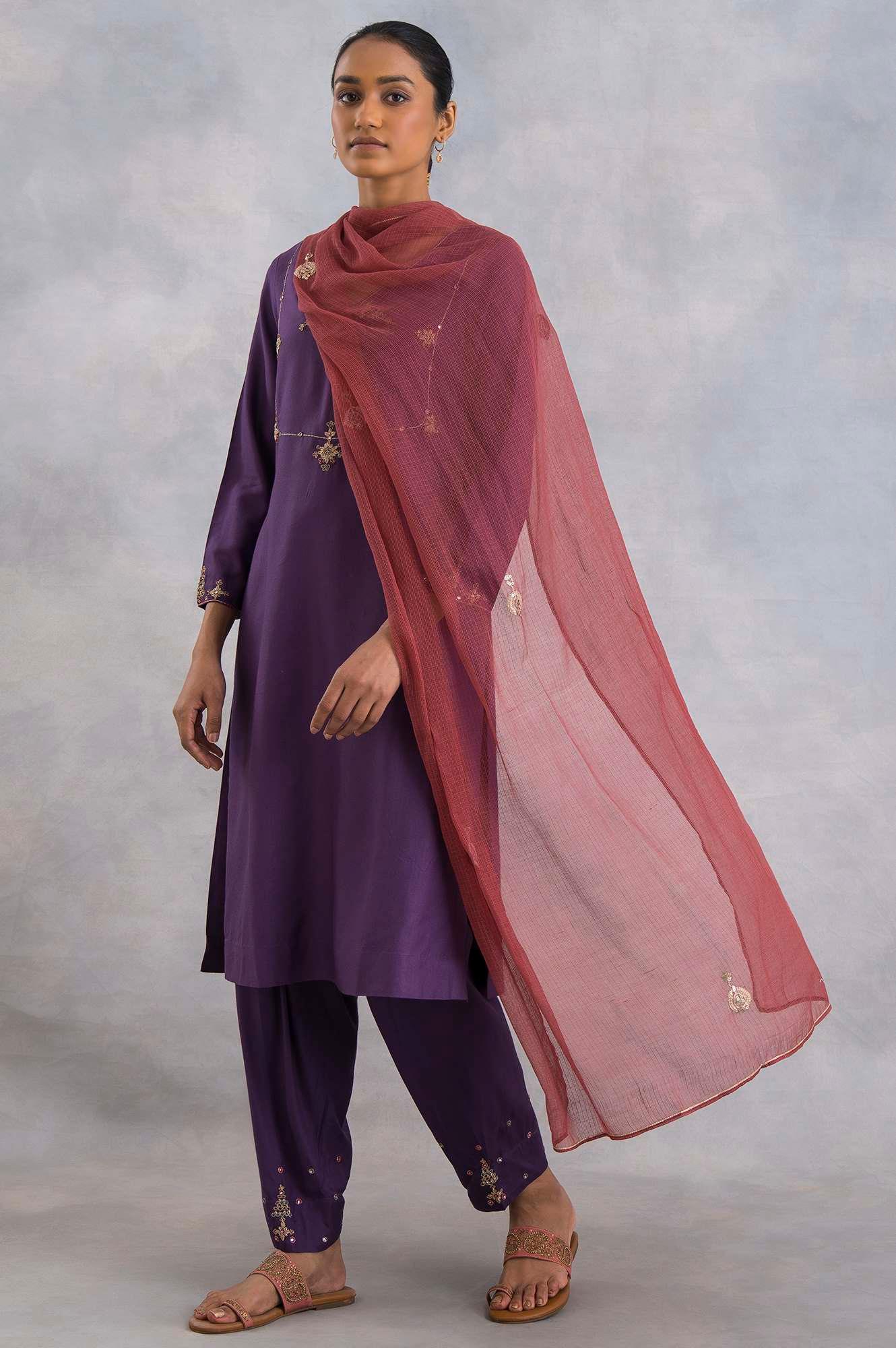Purple Solid Salwar Pants With Embroidery - wforwoman