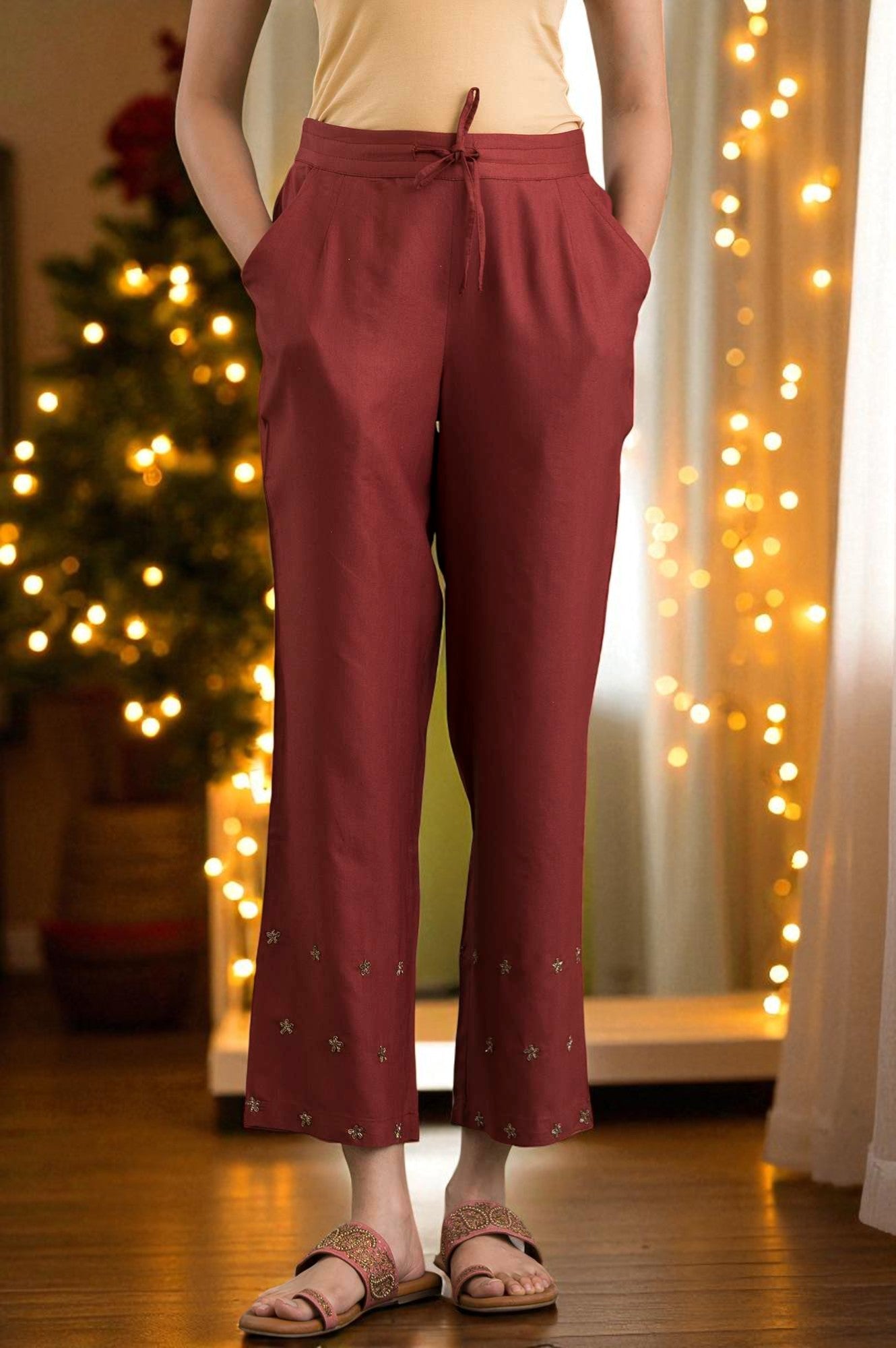 Pink Solid Straight Pants