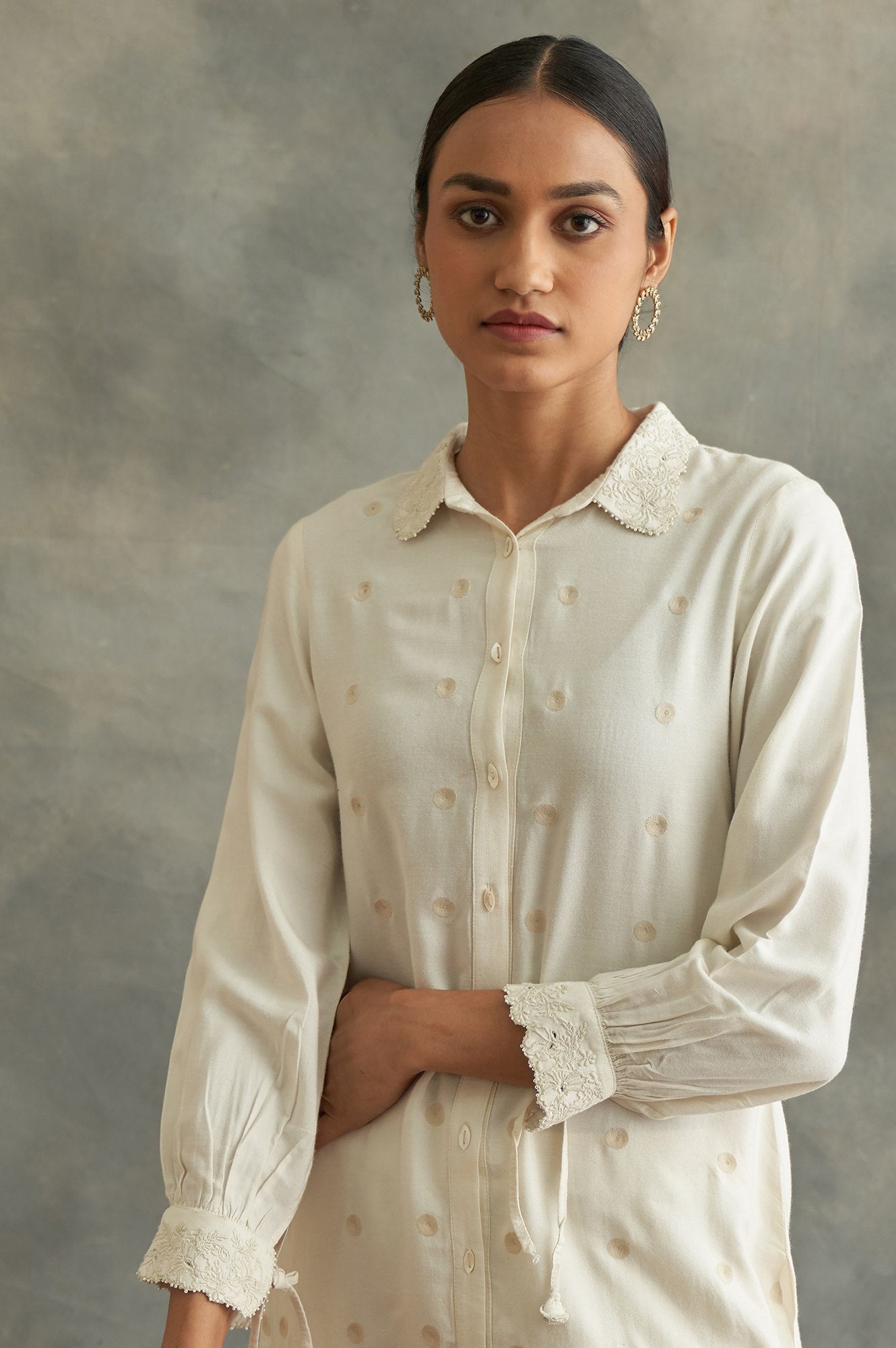 Ecru Embroidered Shirt Dress