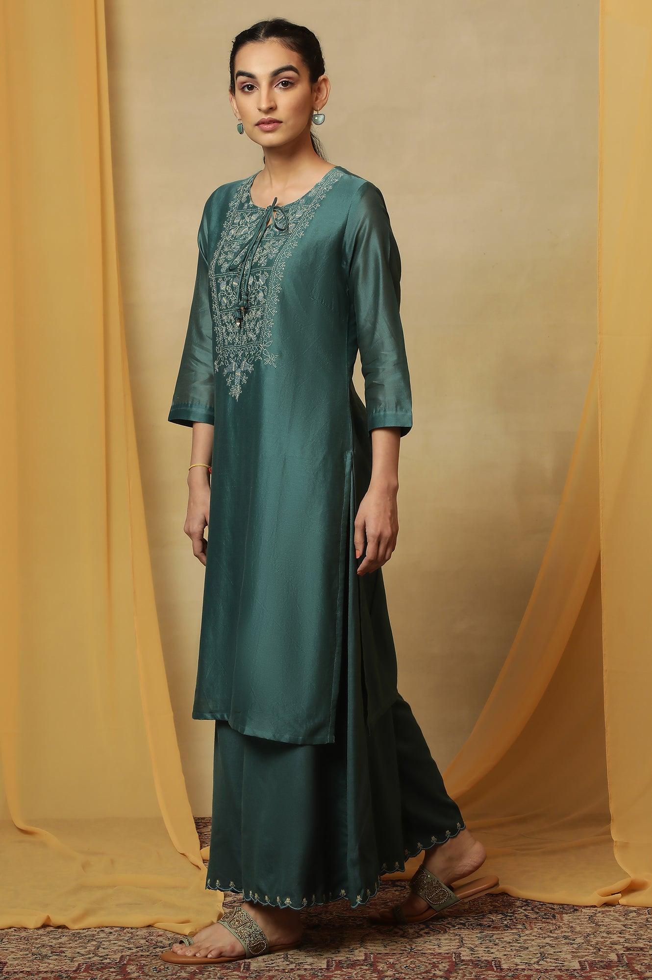 Dark Teal Kantha Embroidered Kurta - wforwoman