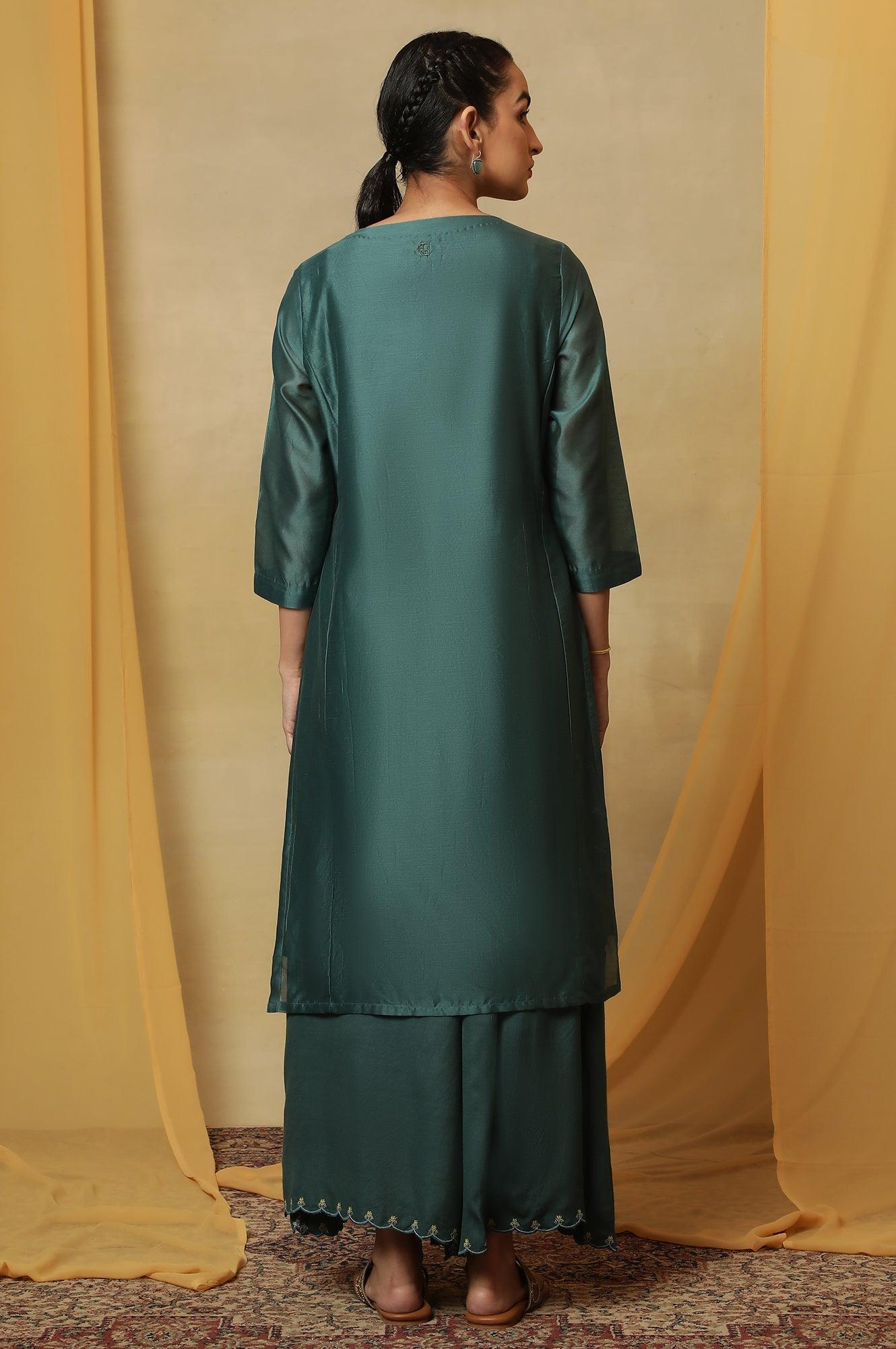 Dark Teal Kantha Embroidered Kurta - wforwoman