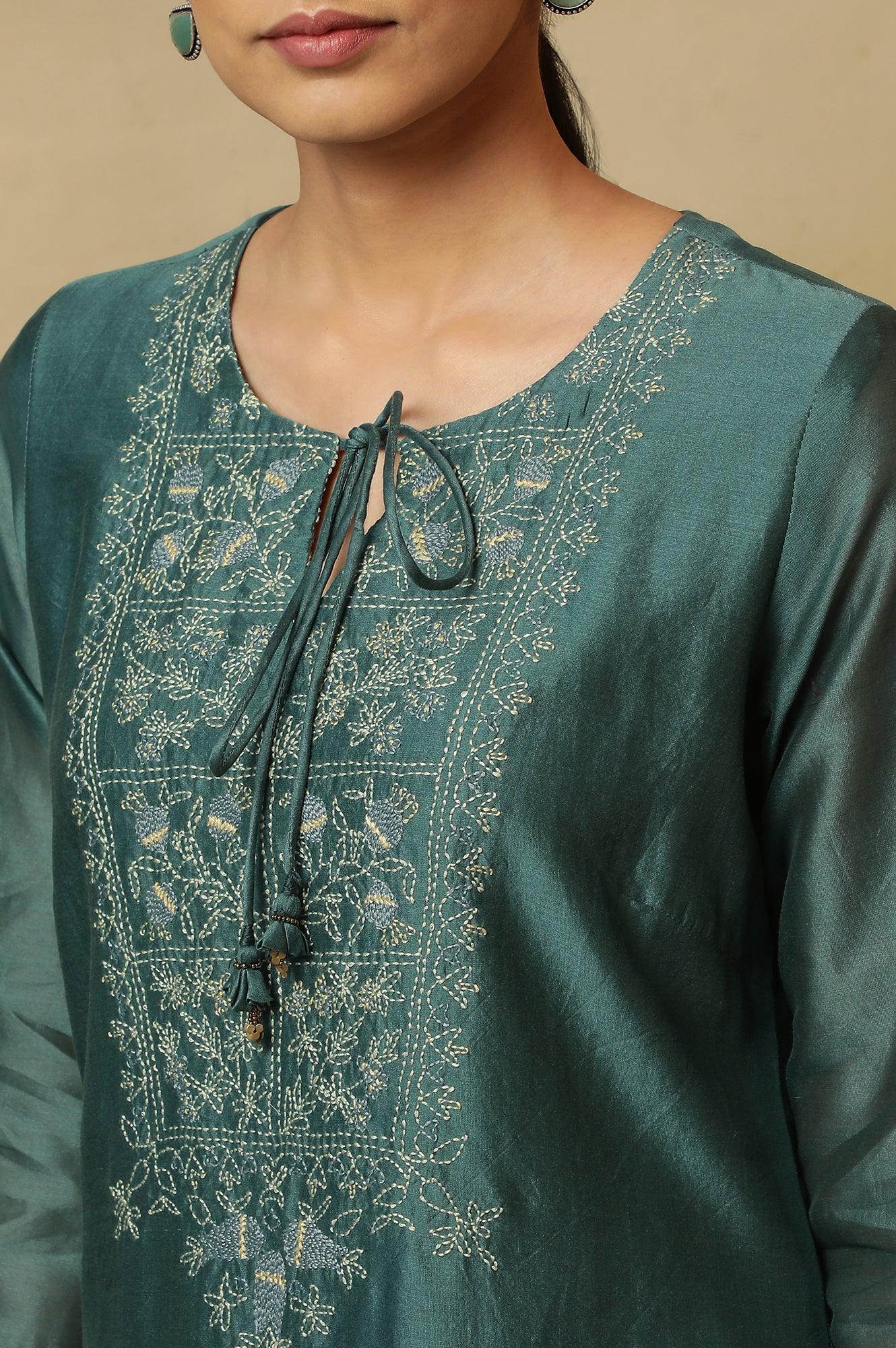 Dark Teal Kantha Embroidered Kurta - wforwoman