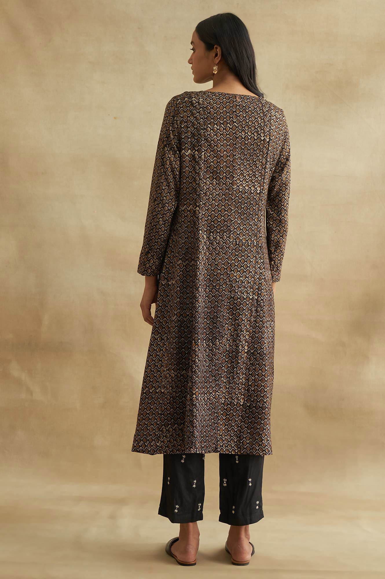 Black Handblock Print Flared kurta