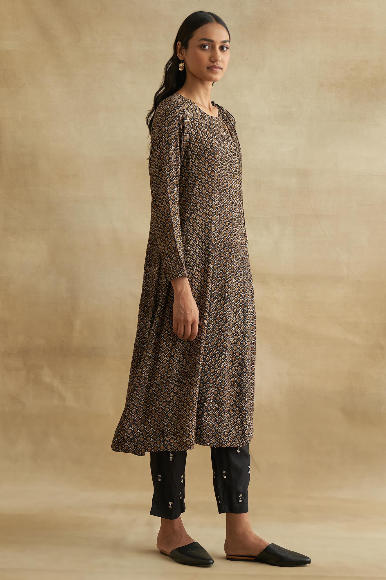 Black Handblock Print Flared kurta