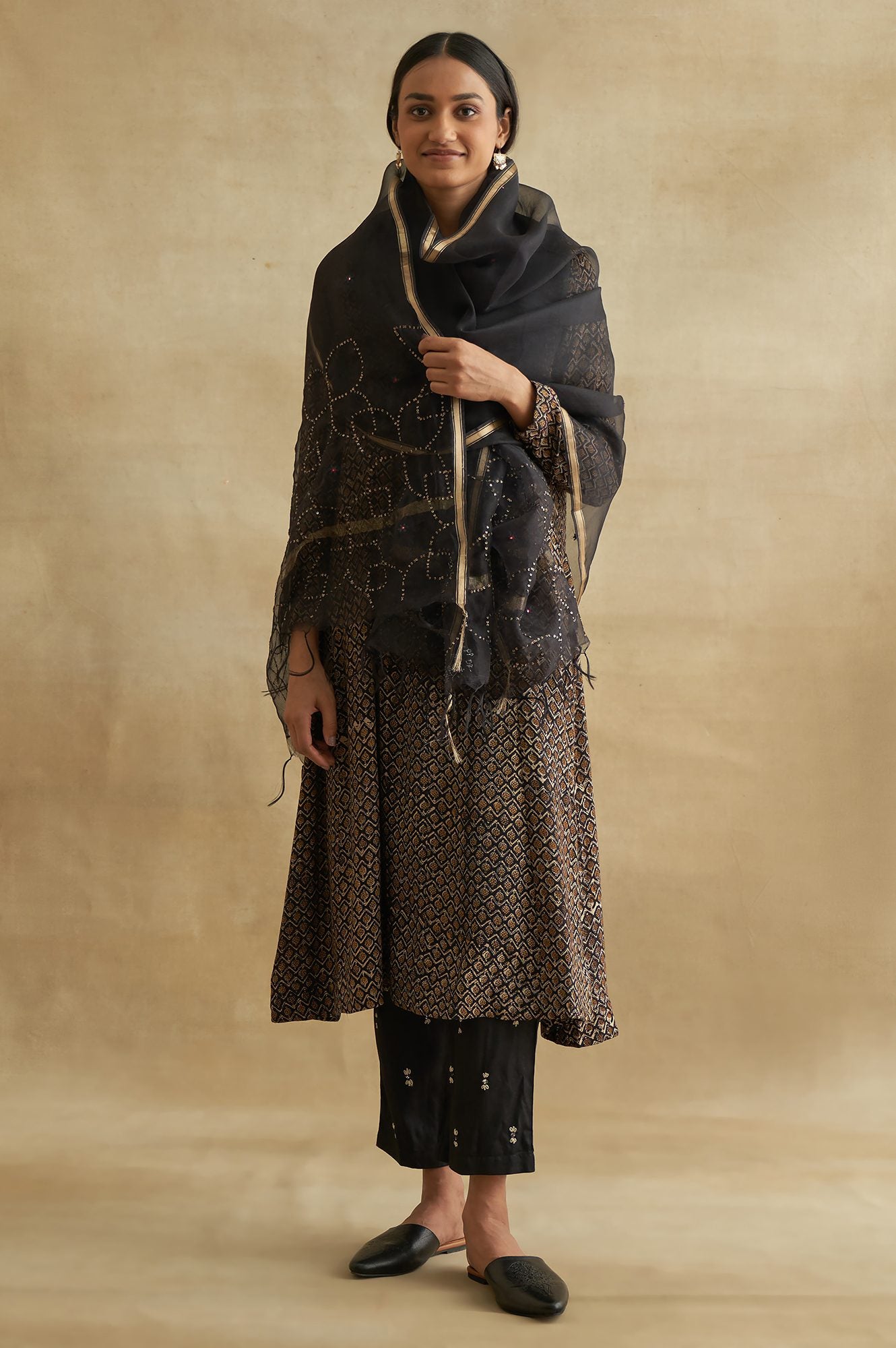 Black Handblock Print Flared kurta