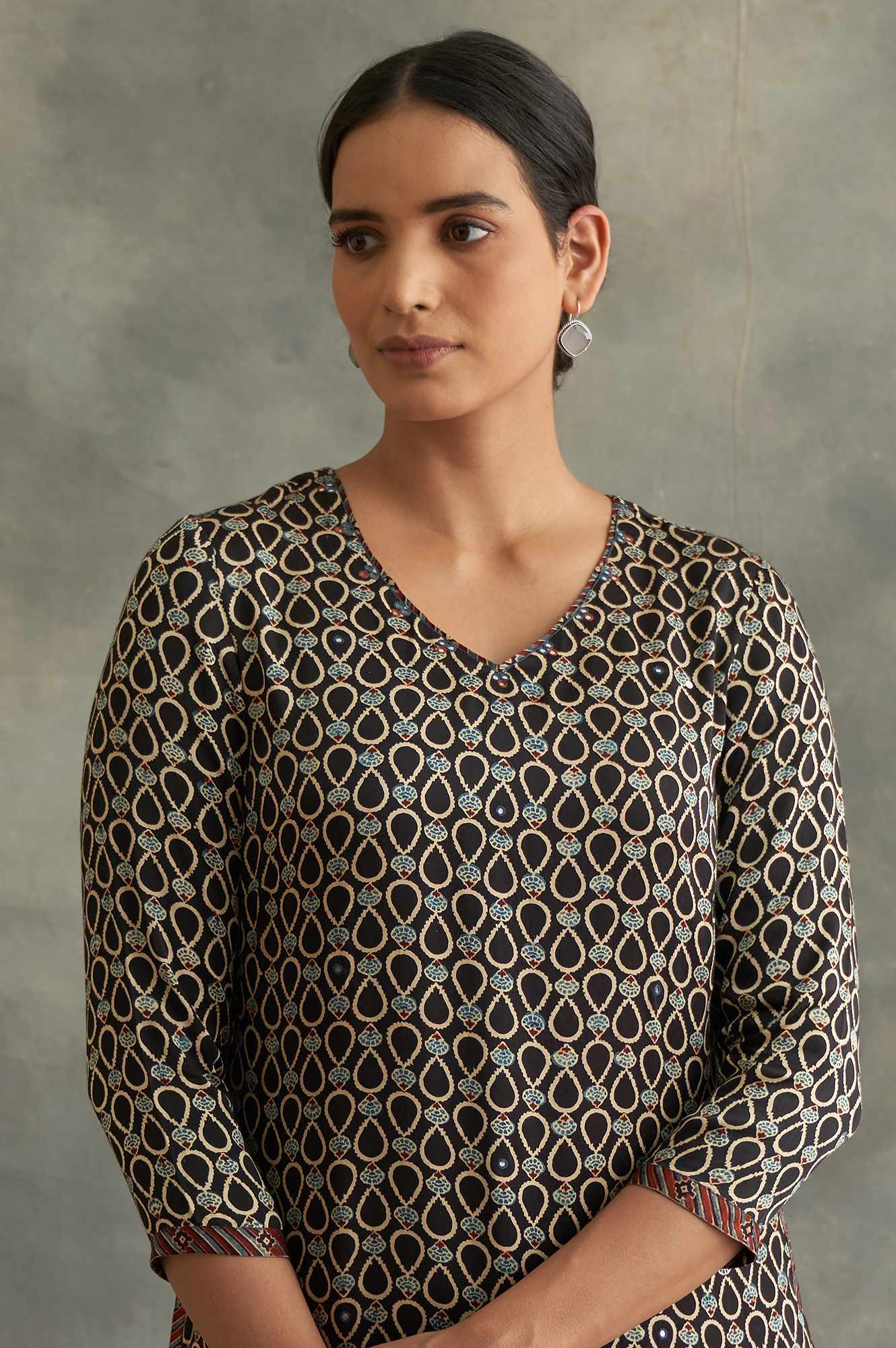 Black Ajrakh Print Lustrous Satin kurta