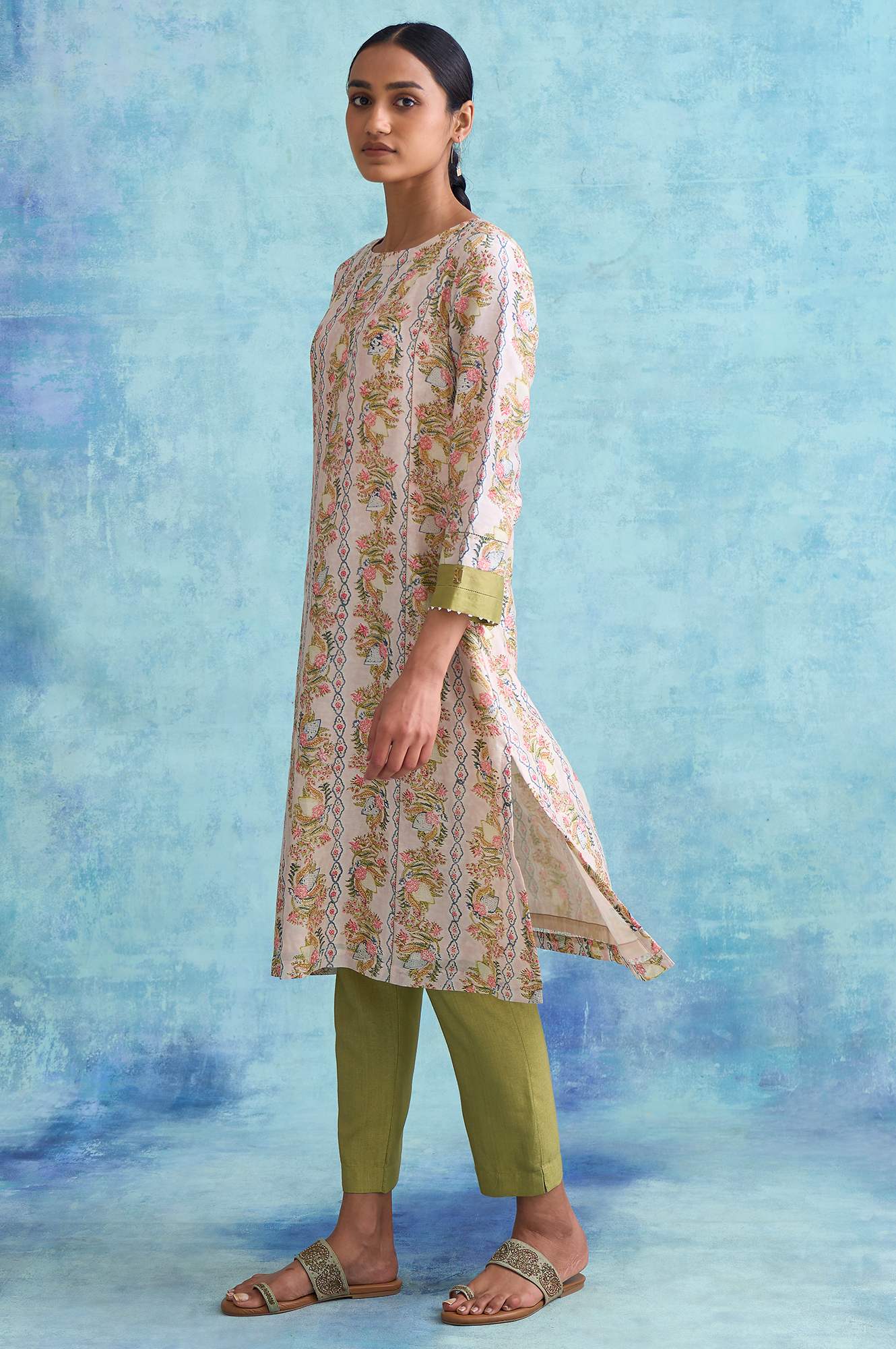 Folksong By W Light Pink Handblock Print Cotton Silk kurta