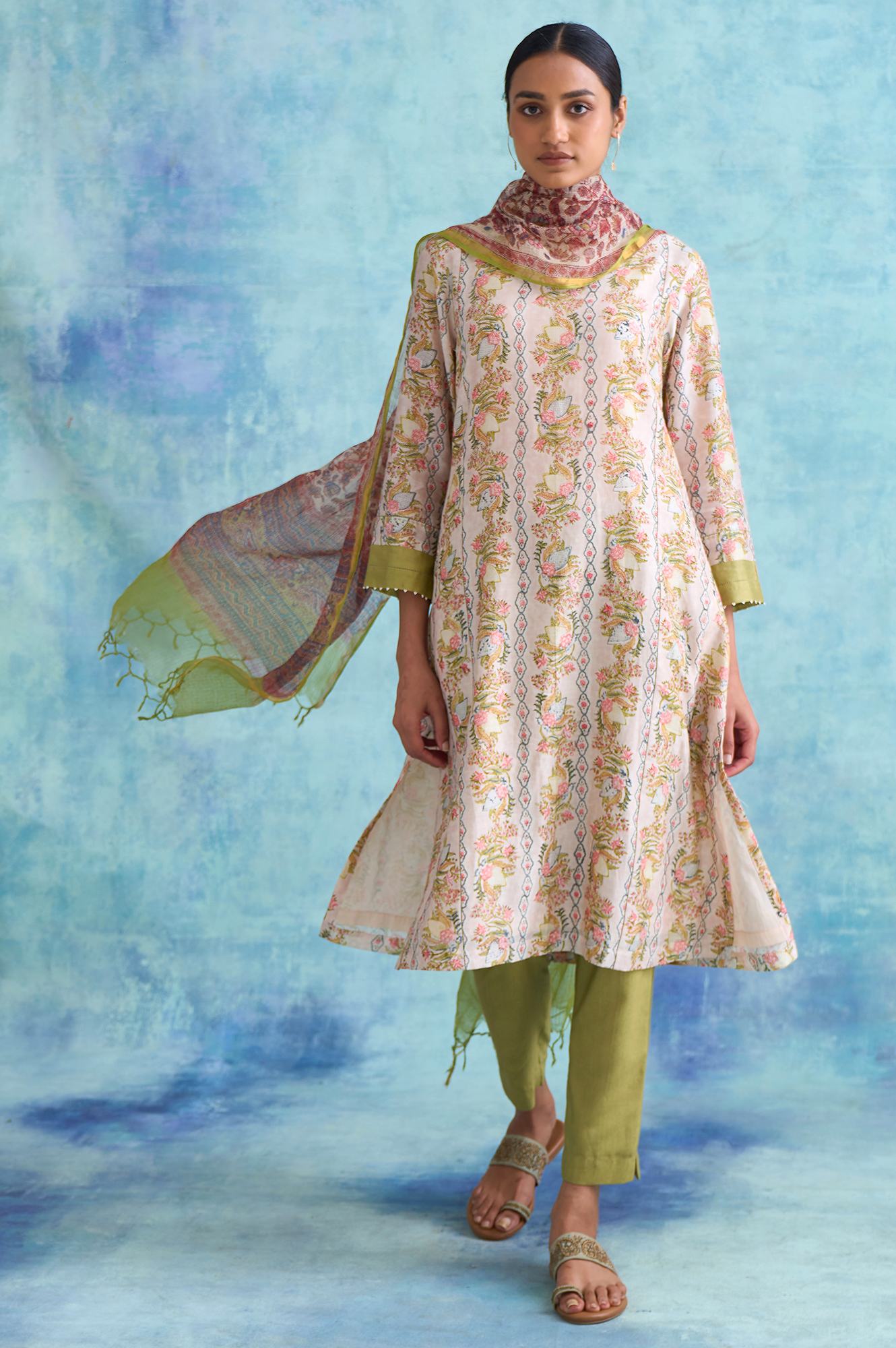 Folksong By W Light Pink Handblock Print Cotton Silk kurta