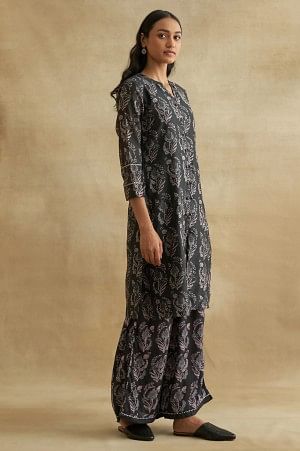 Charcoal Floral Print Cotton Silk kurta
