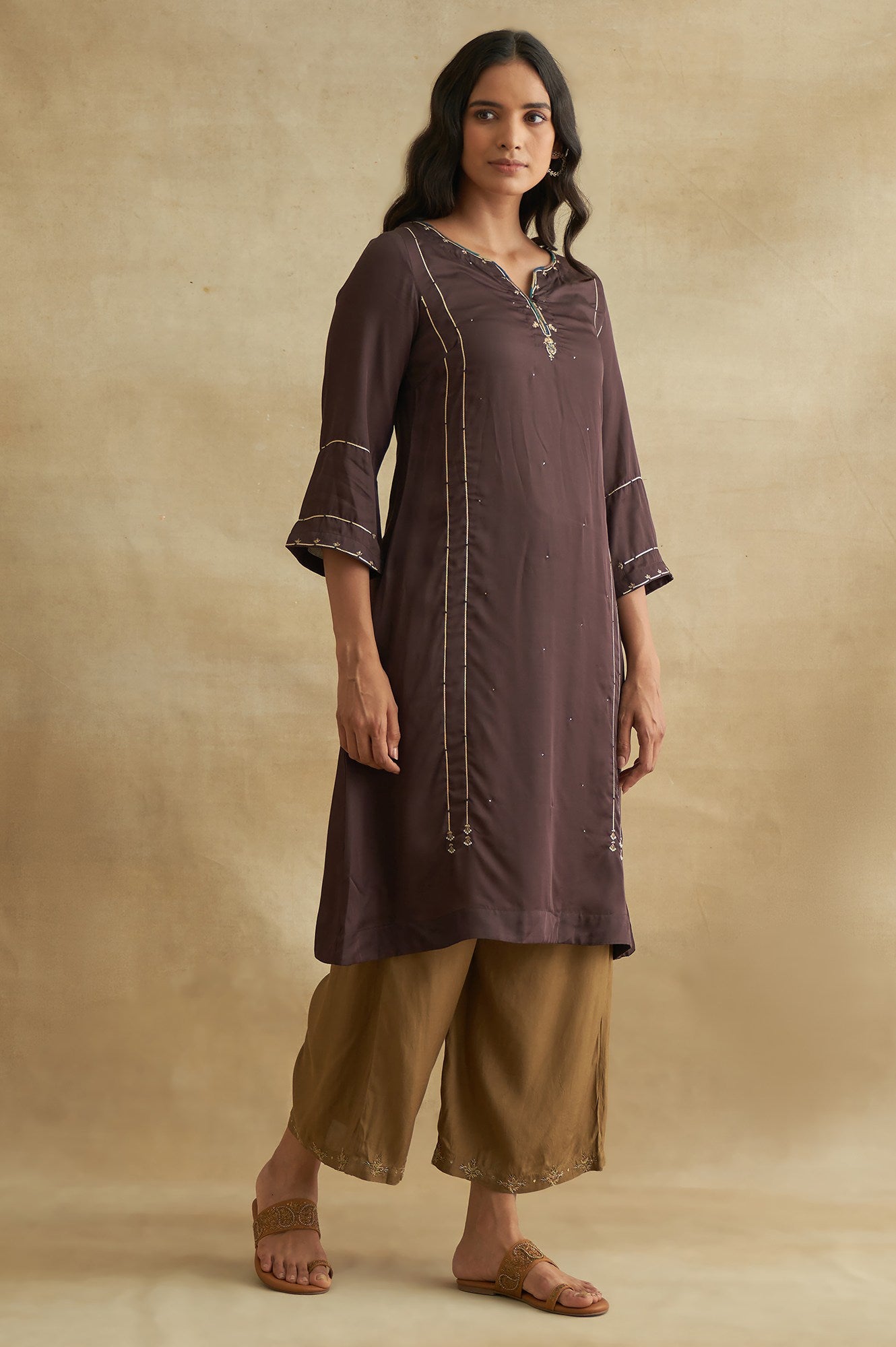 Dark Brown Lustrous Satin Gota kurta