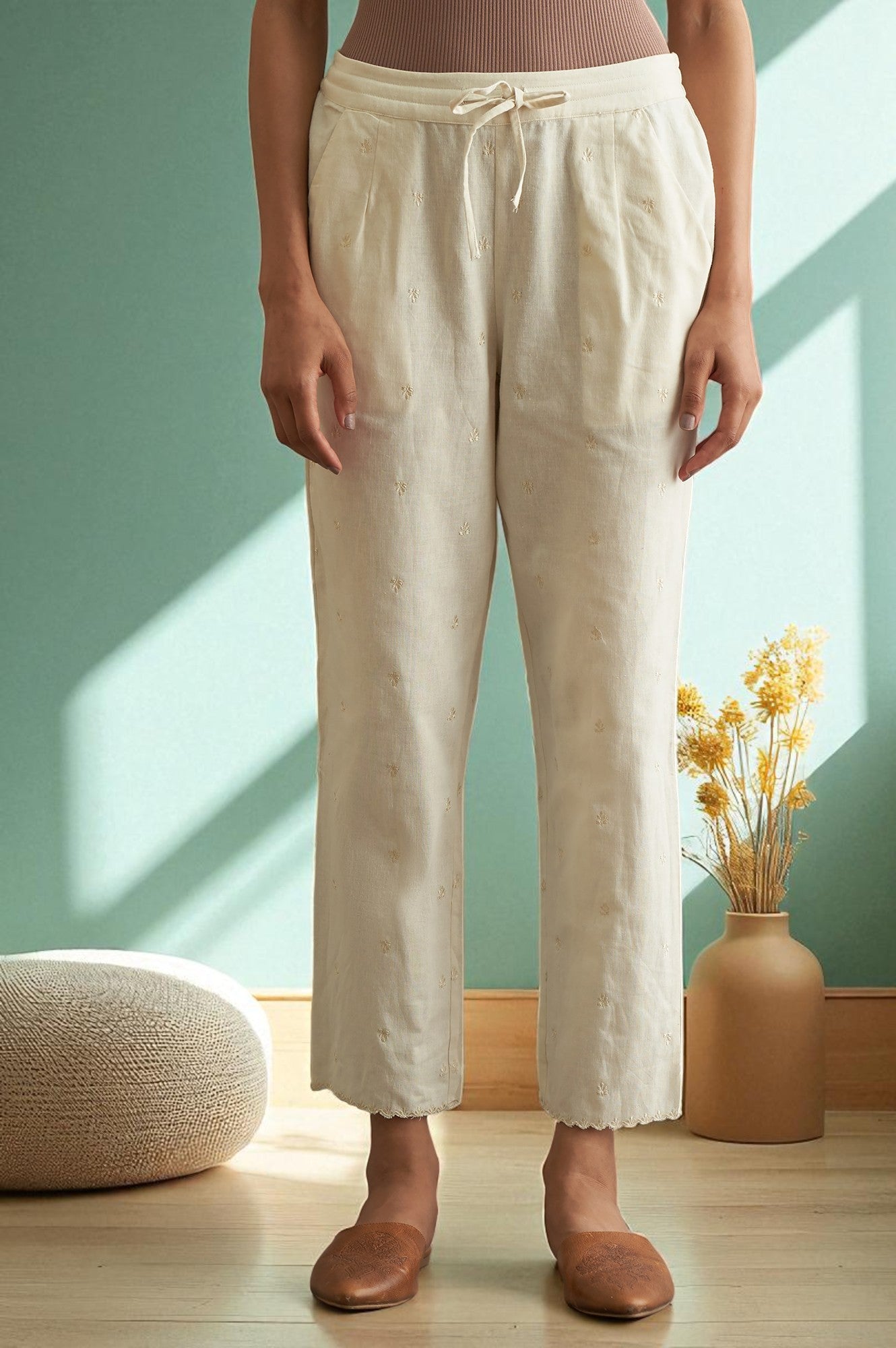 Ecru Solid Straight Pants